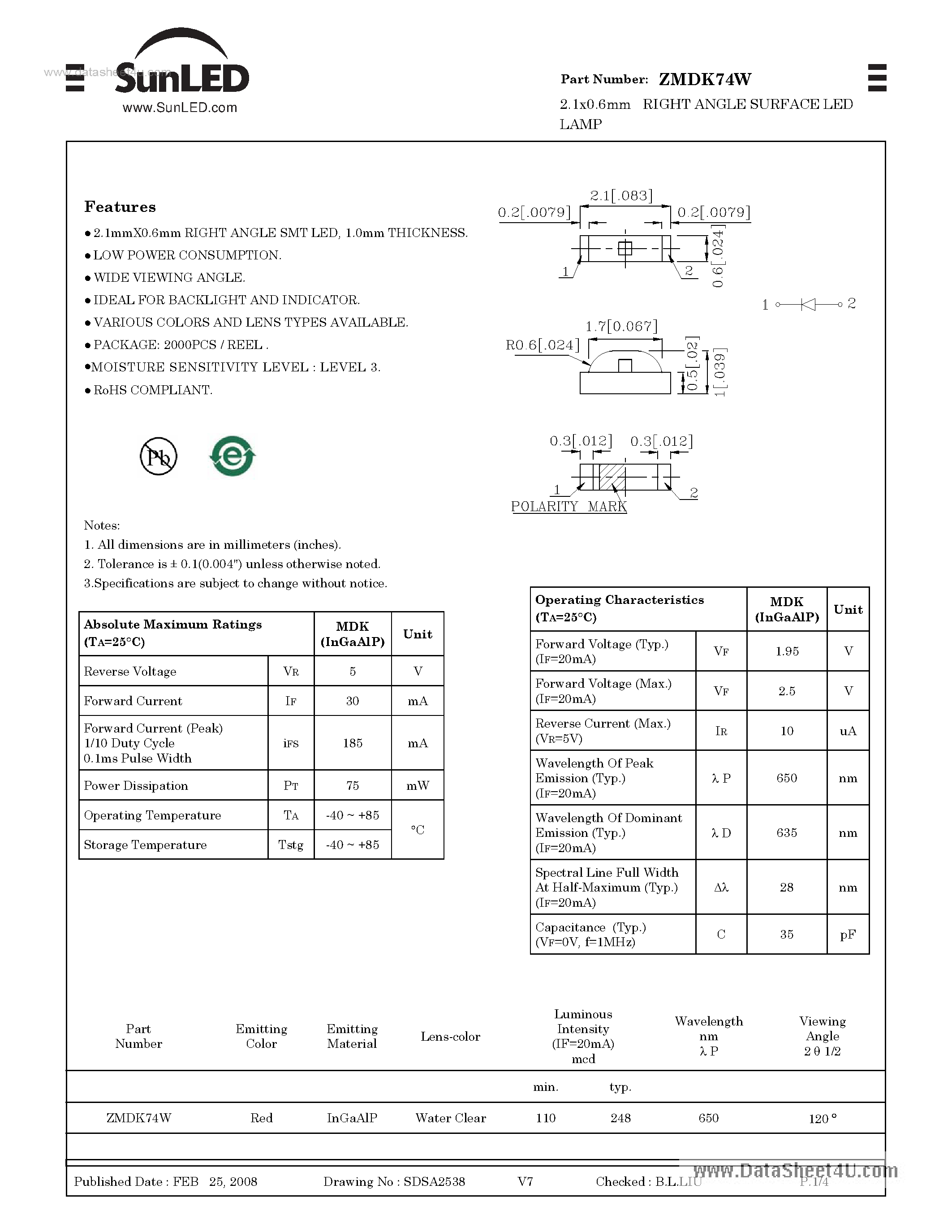 Datasheet ZMDK74W - 2.1x0.6mm RIGHT ANGLE SURFACE LED LAMP page 1