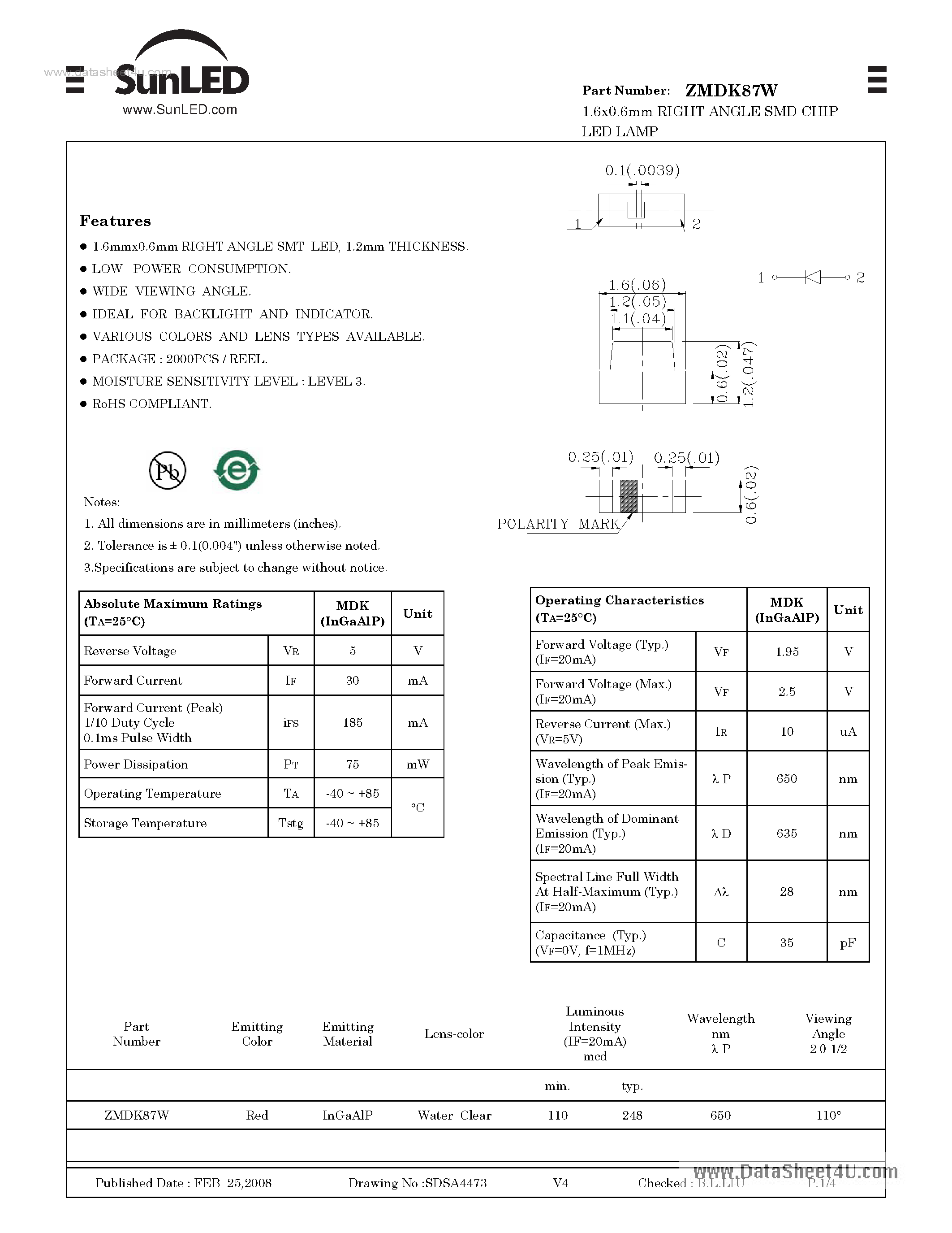 Даташит на микросхему ZMDK87W страница 1 Даташит ZMDK87W - 1.6x0.6mm RIGHT ANGLE SMD CHIP LED LAMP страница 1