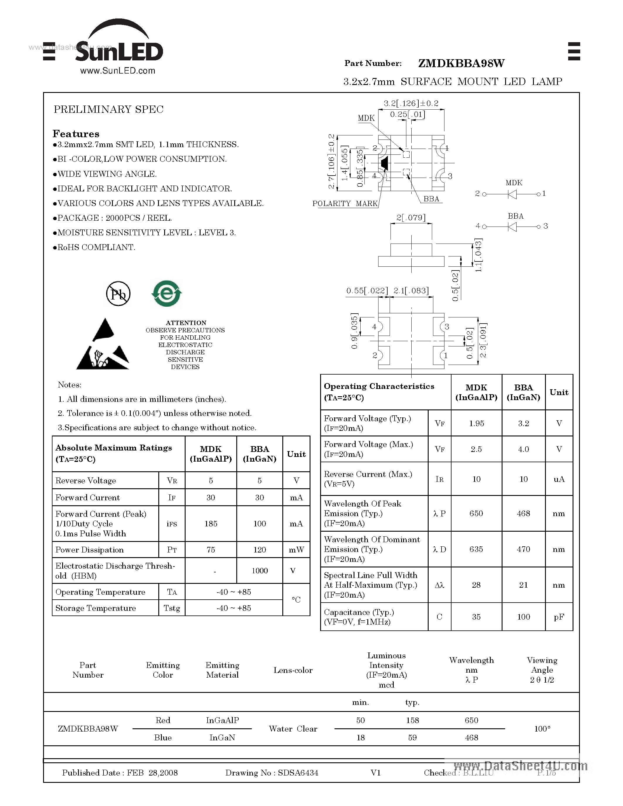 Datasheet ZMDKBBA98W page 1 Datasheet ZMDKBBA98W - 3.2x2.7mm SURFACE MOUNT LED LAMP page 1