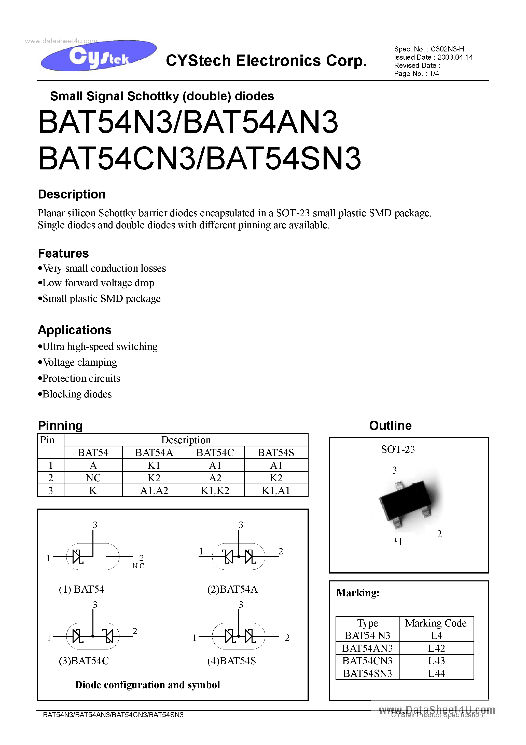 Datasheet BAT54AN3 - Small Signal Schottky diodes page 1