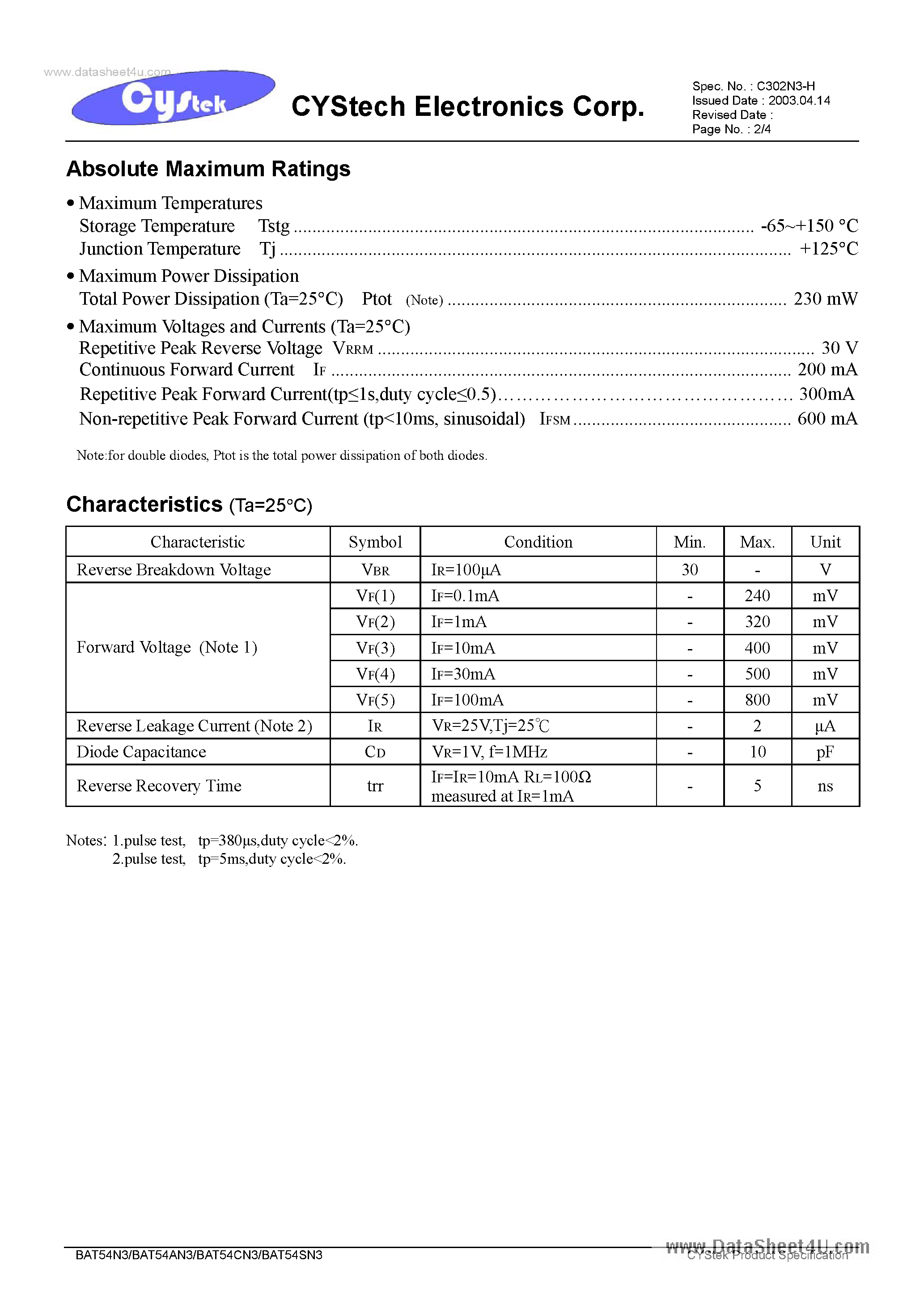 Datasheet BAT54AN3 - Small Signal Schottky diodes page 2
