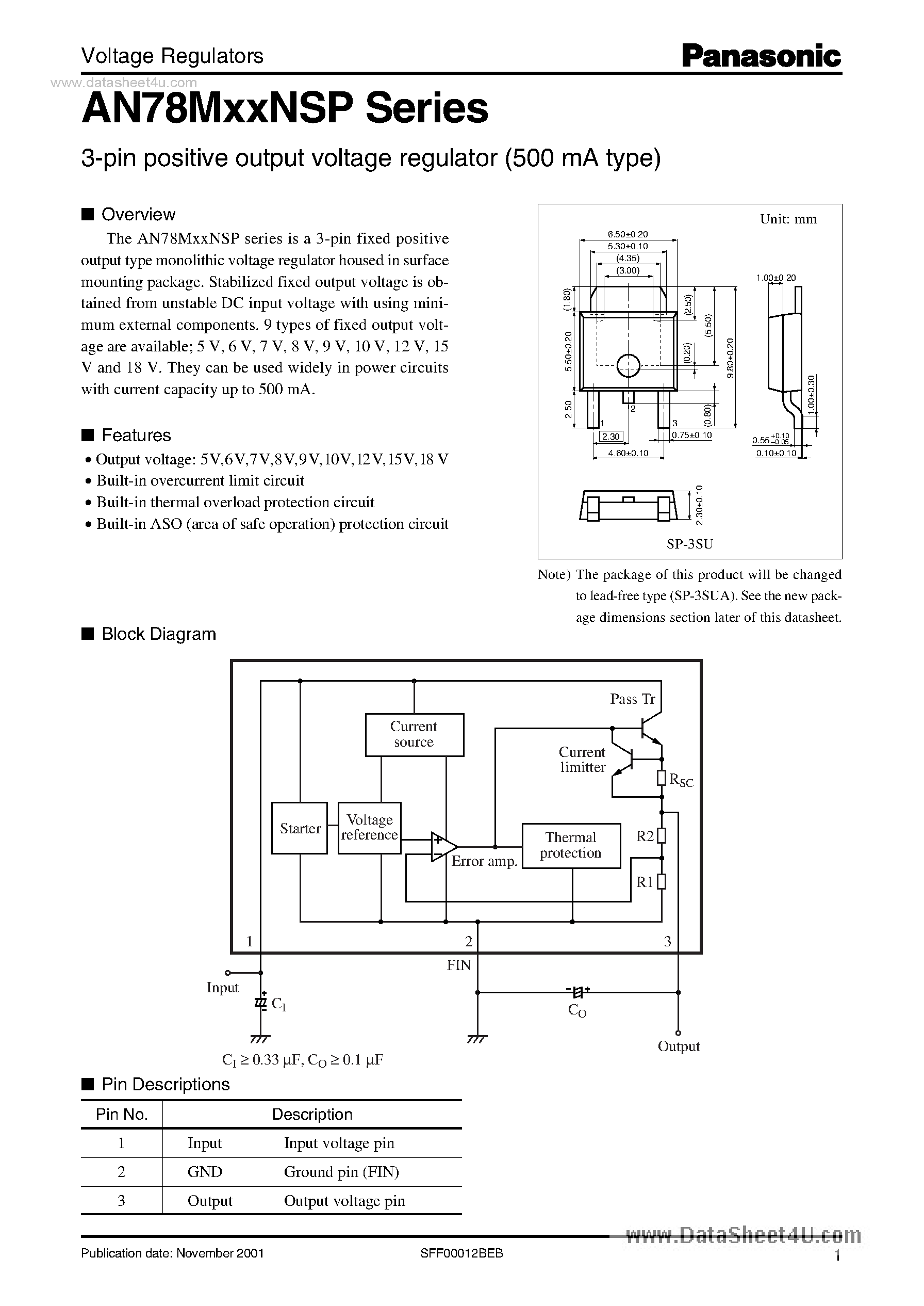 Datasheet AN78M05NSP page 1 Datasheet AN78M05NSP - (AN78MxxNSP) 3-Pin Positive Output Voltage Regulator page 1
