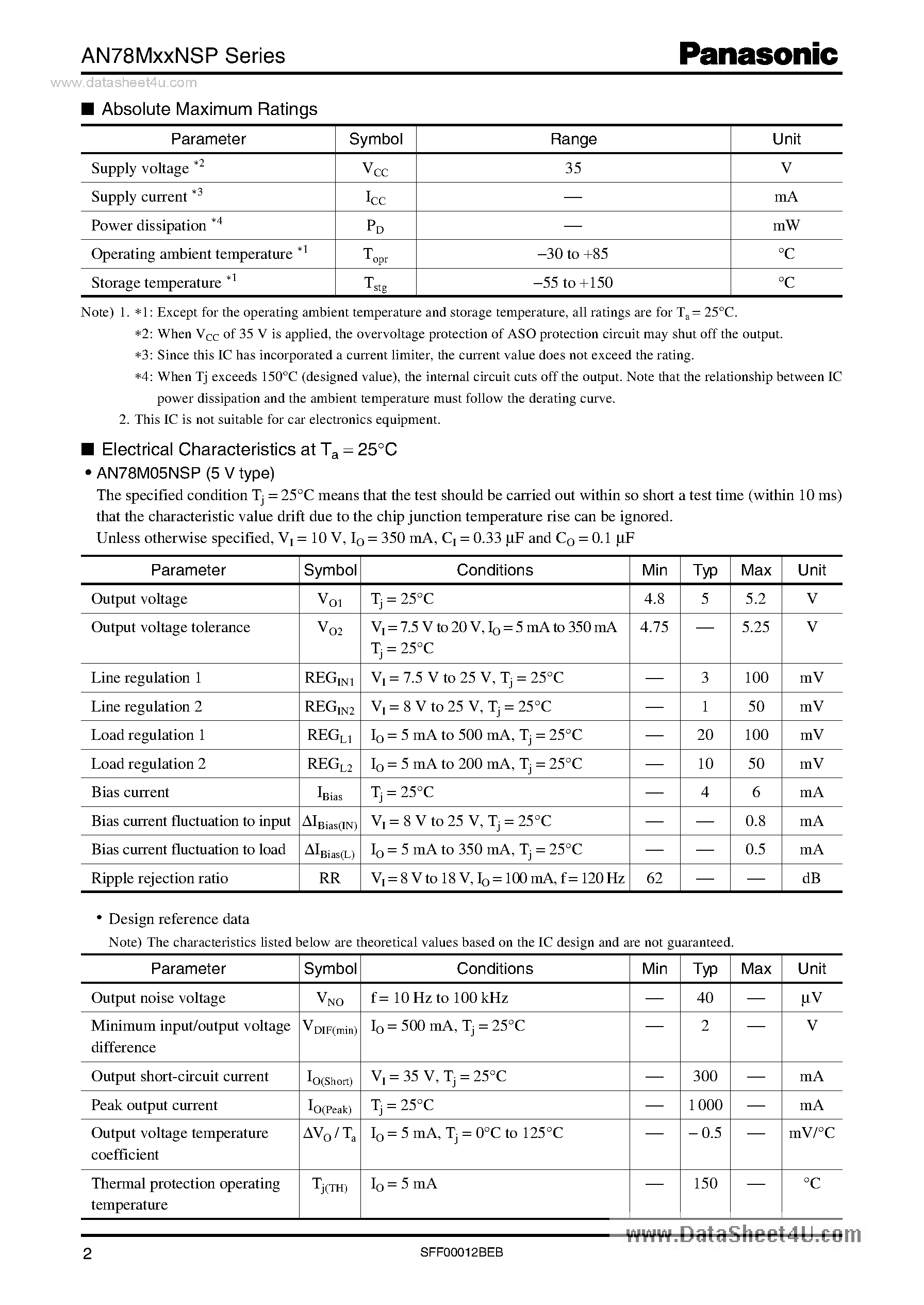 Datasheet AN78M05NSP page 2 Datasheet AN78M05NSP - (AN78MxxNSP) 3-Pin Positive Output Voltage Regulator page 2