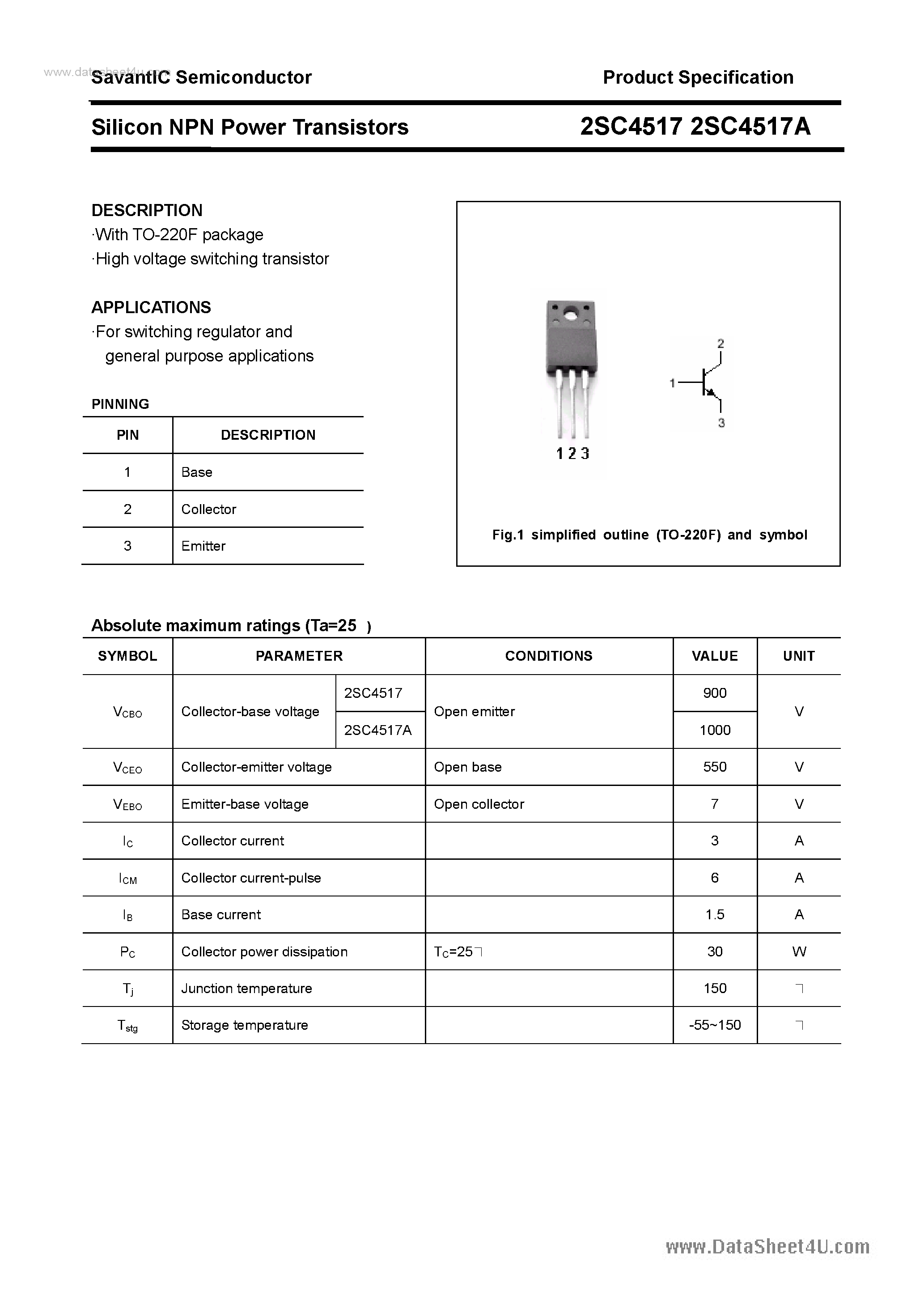 Datasheet 2SC4517 page 1 Datasheet 2SC4517 - SILICON POWER TRANSISTOR page 1
