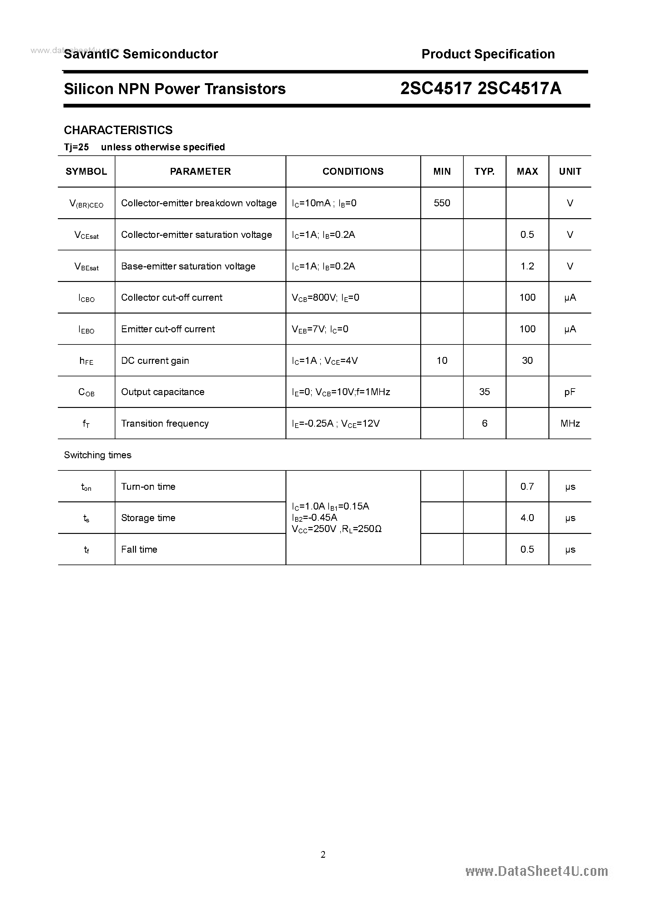 Datasheet 2SC4517 page 2 Datasheet 2SC4517 - SILICON POWER TRANSISTOR page 2