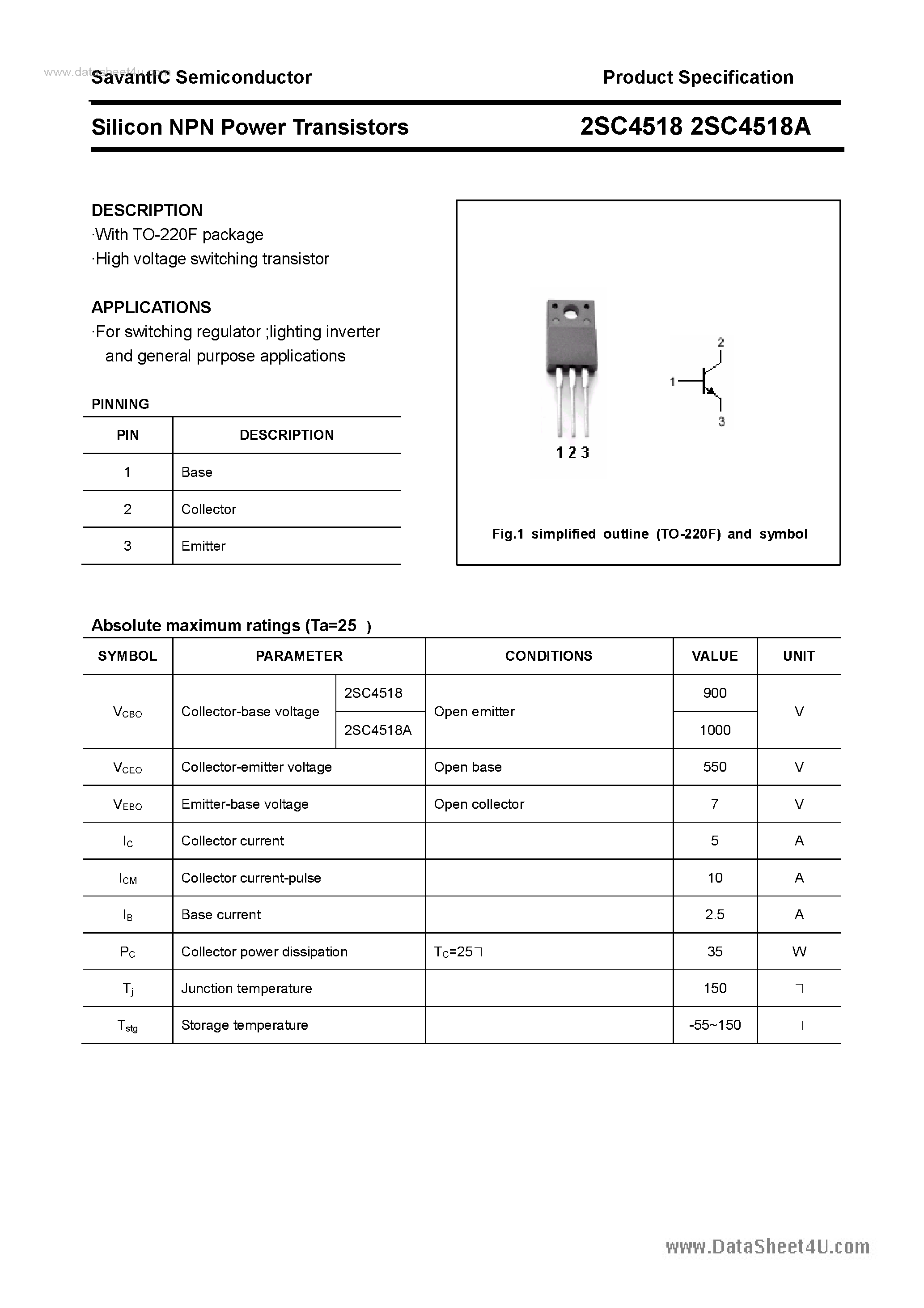 Datasheet 2SC4518 page 1 Datasheet 2SC4518 - SILICON POWER TRANSISTOR page 1
