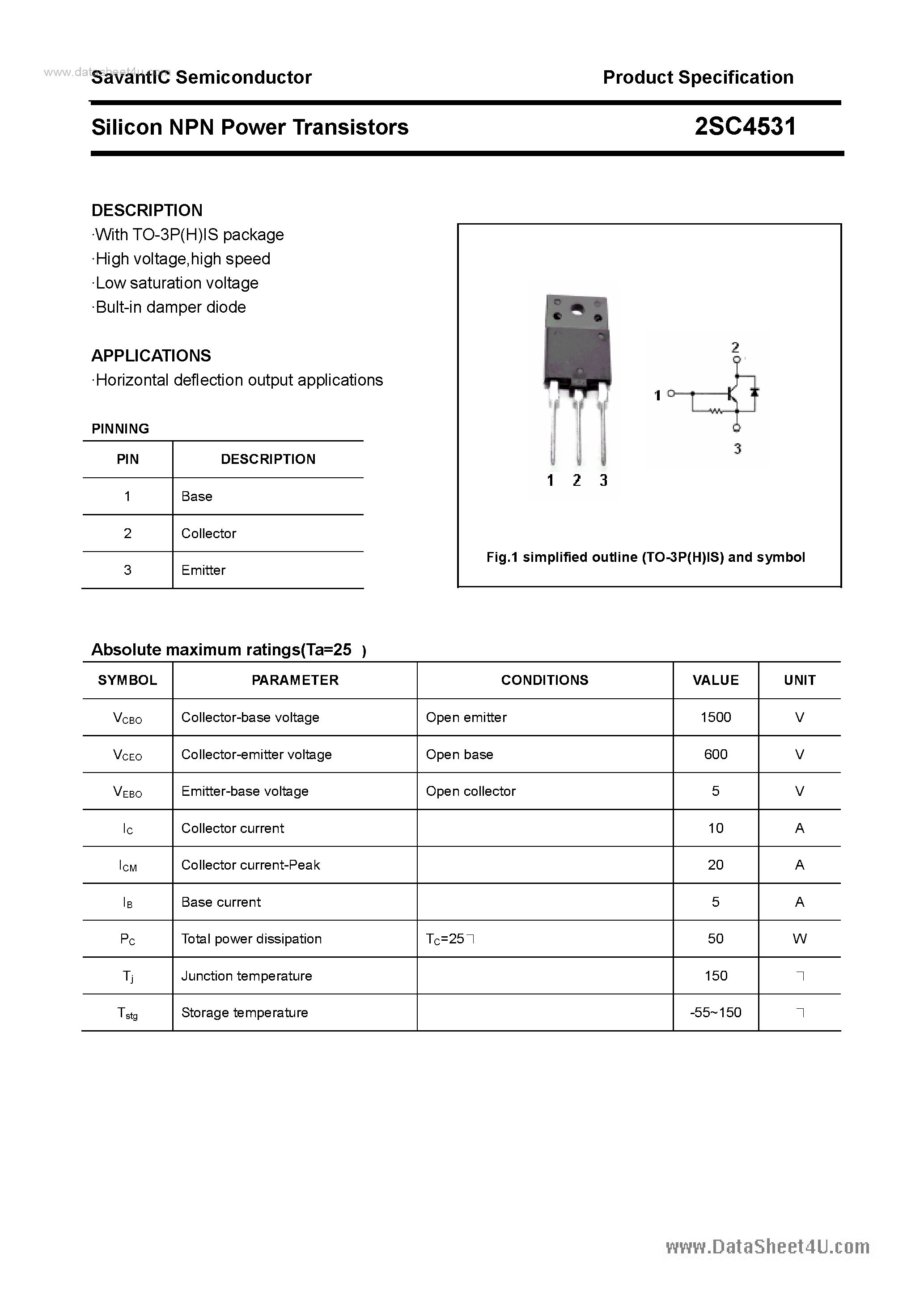 Datasheet 2SC4531 page 1 Datasheet 2SC4531 - SILICON POWER TRANSISTOR page 1