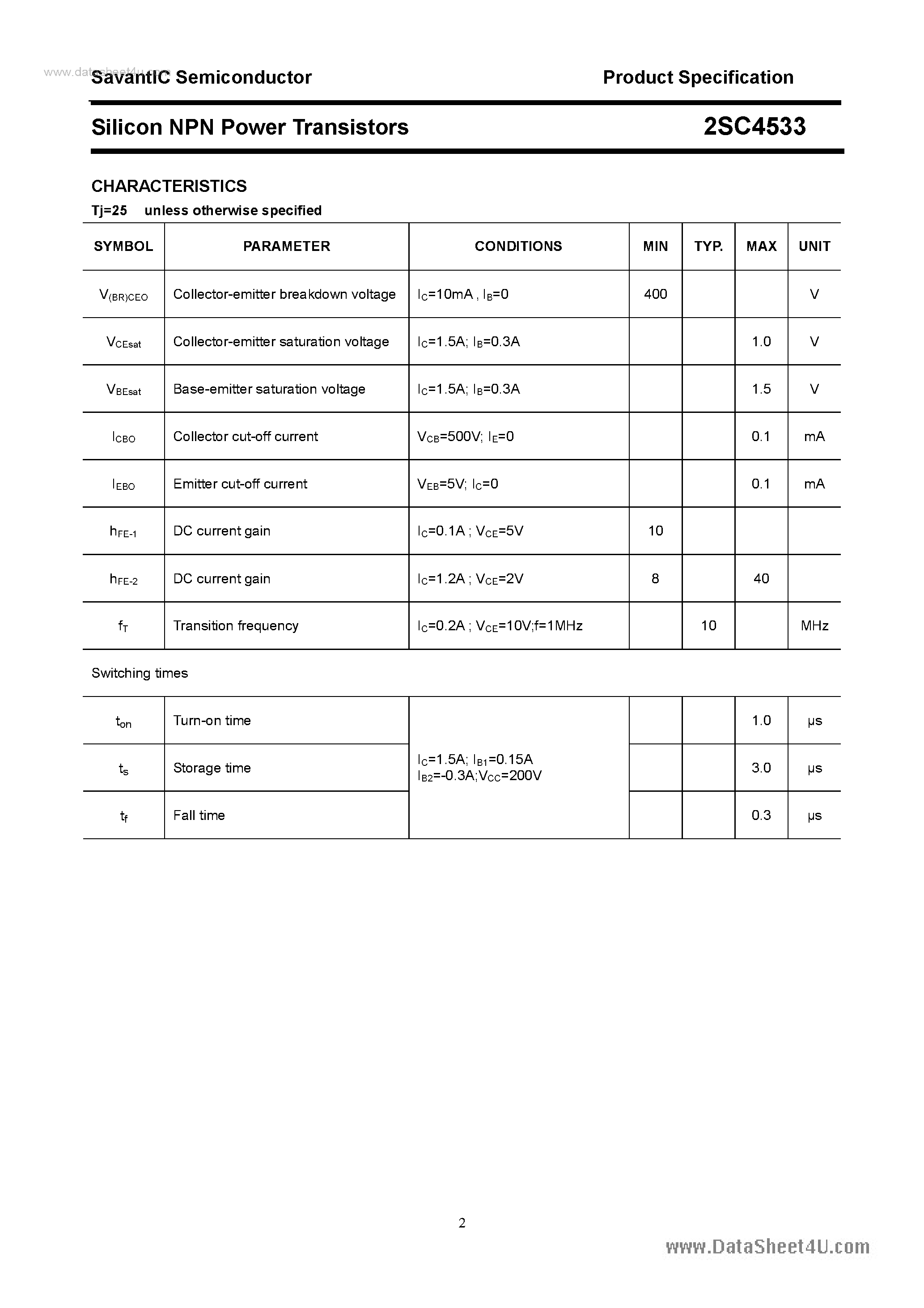 Datasheet 2SC4533 page 2 Datasheet 2SC4533 - SILICON POWER TRANSISTOR page 2