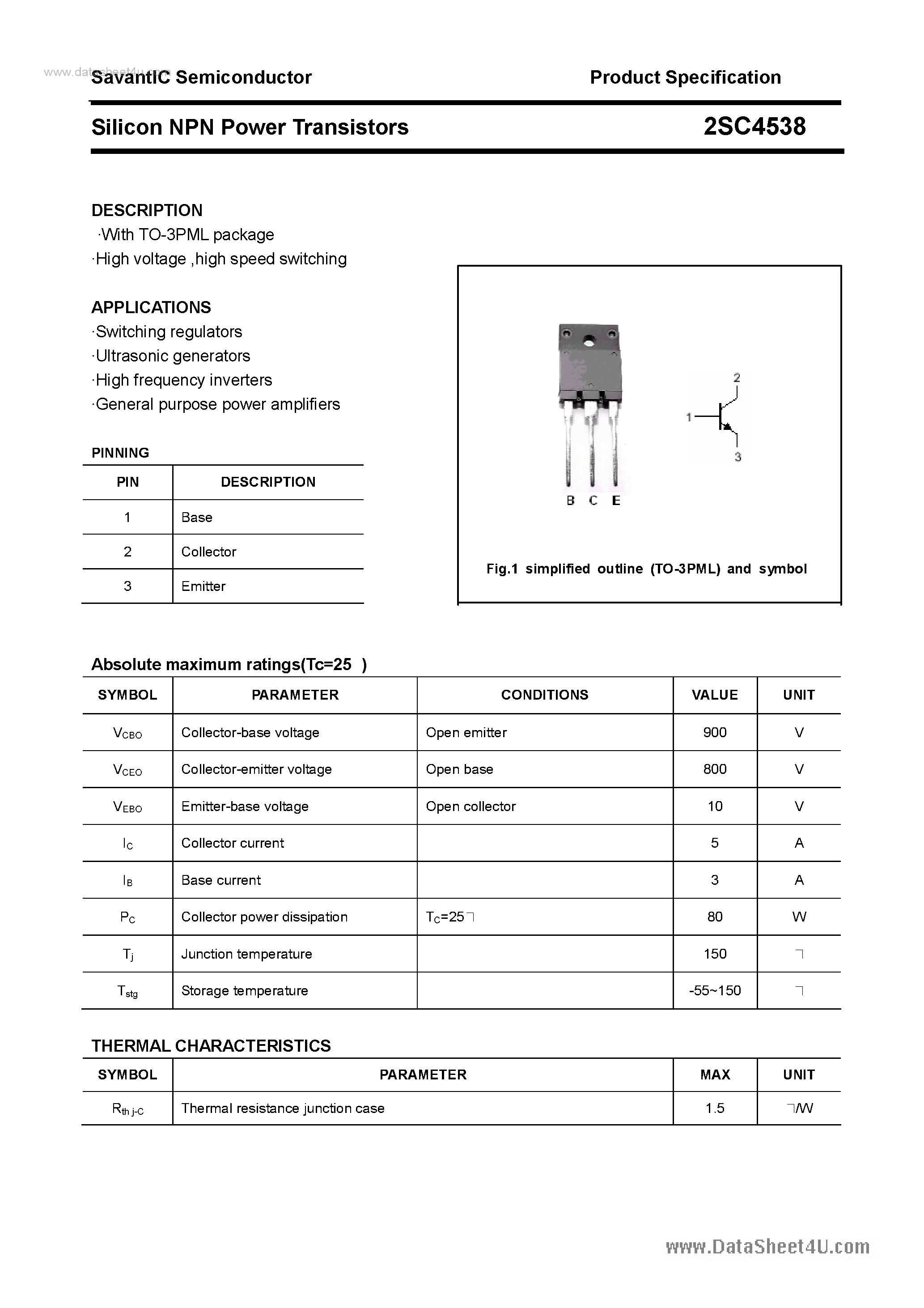 Datasheet 2SC4538 page 1 Datasheet 2SC4538 - SILICON POWER TRANSISTOR page 1