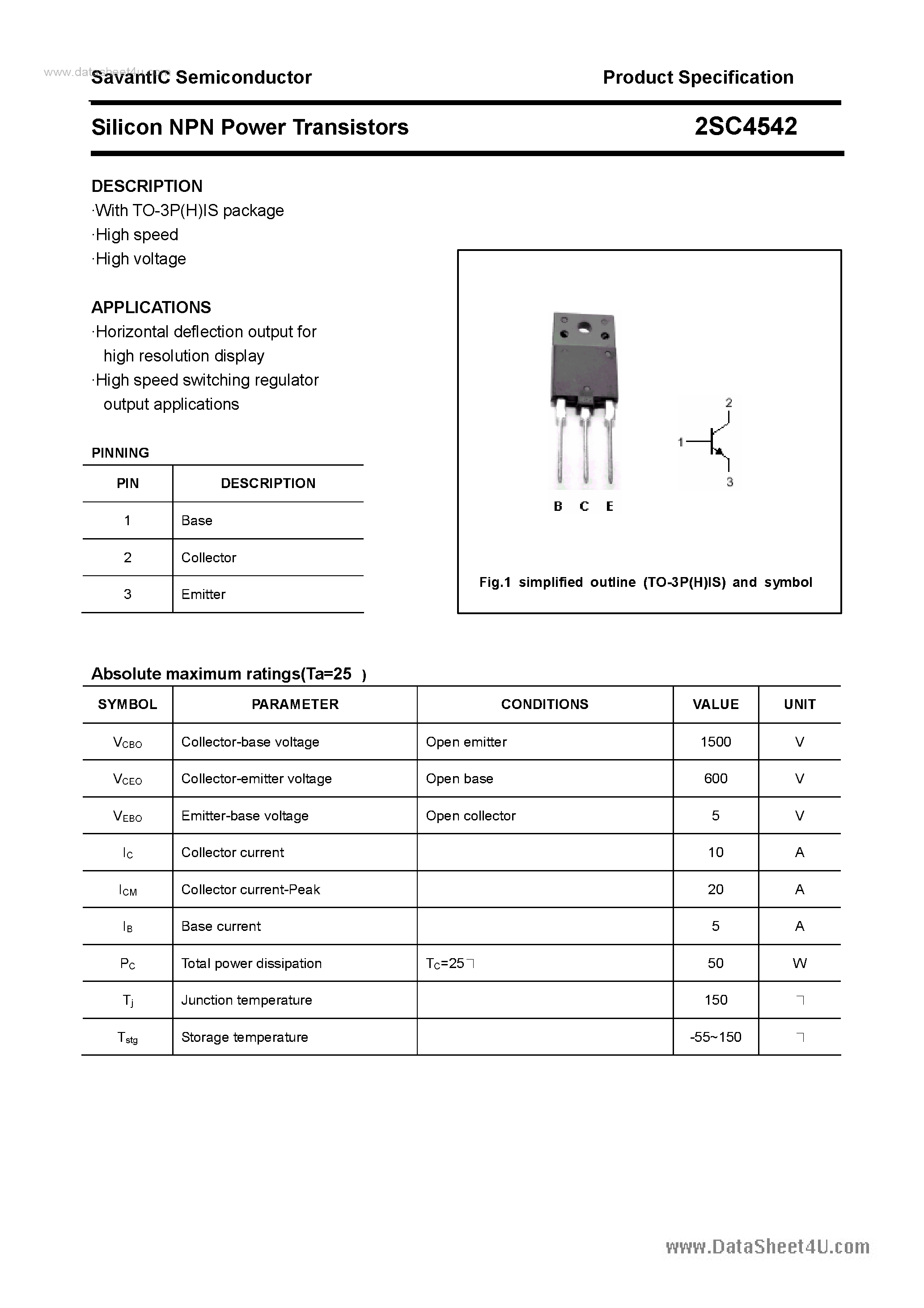 Datasheet 2SC4542 page 1 Datasheet 2SC4542 - SILICON POWER TRANSISTOR page 1