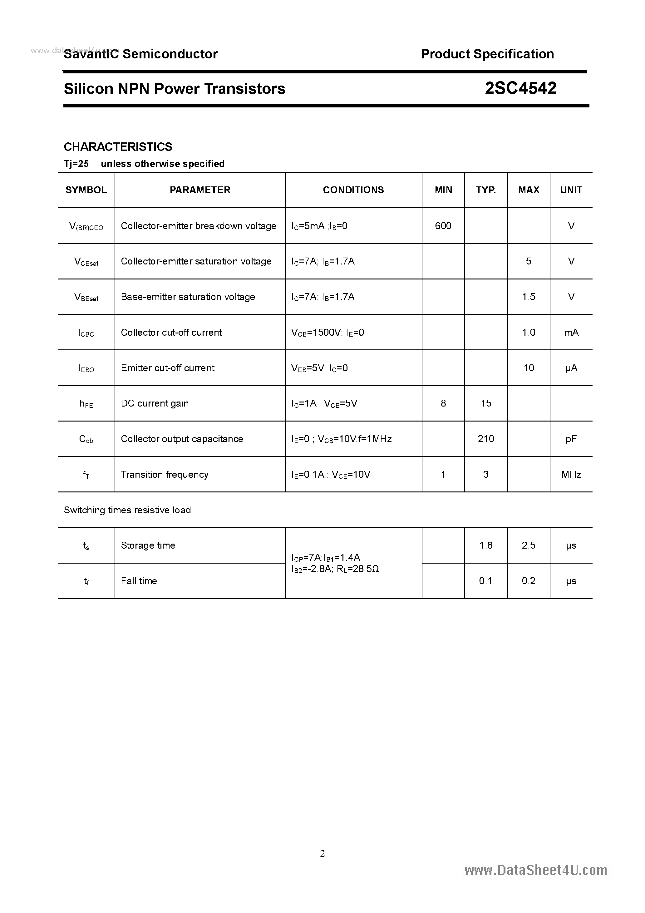 Datasheet 2SC4542 page 2 Datasheet 2SC4542 - SILICON POWER TRANSISTOR page 2