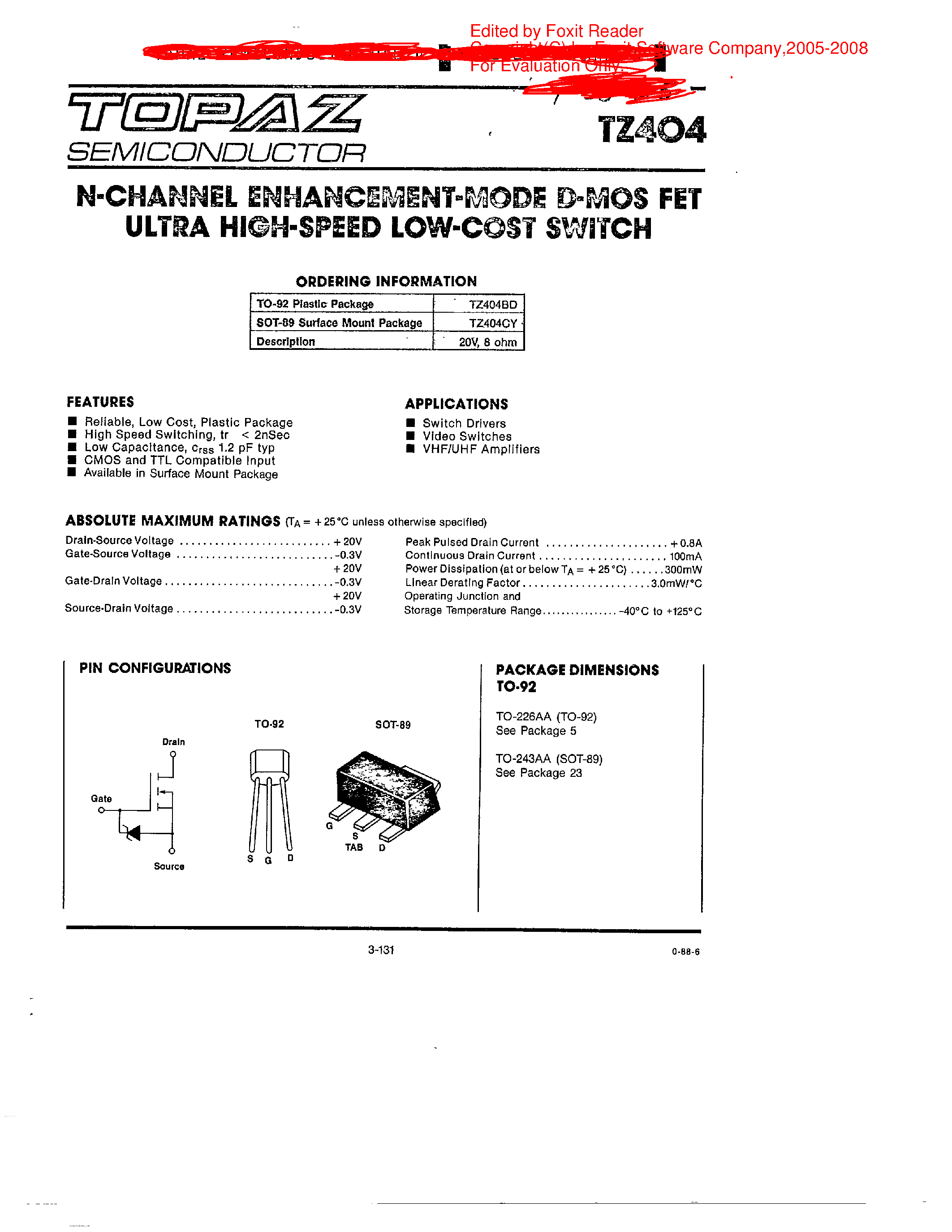Datasheet TZ404 page 1 Datasheet TZ404 - N-CHANNEL ENHANCEMENT-MODE D-MOS FET ULTRA HIGH-SPEED LOW-COST SWITCH page 1