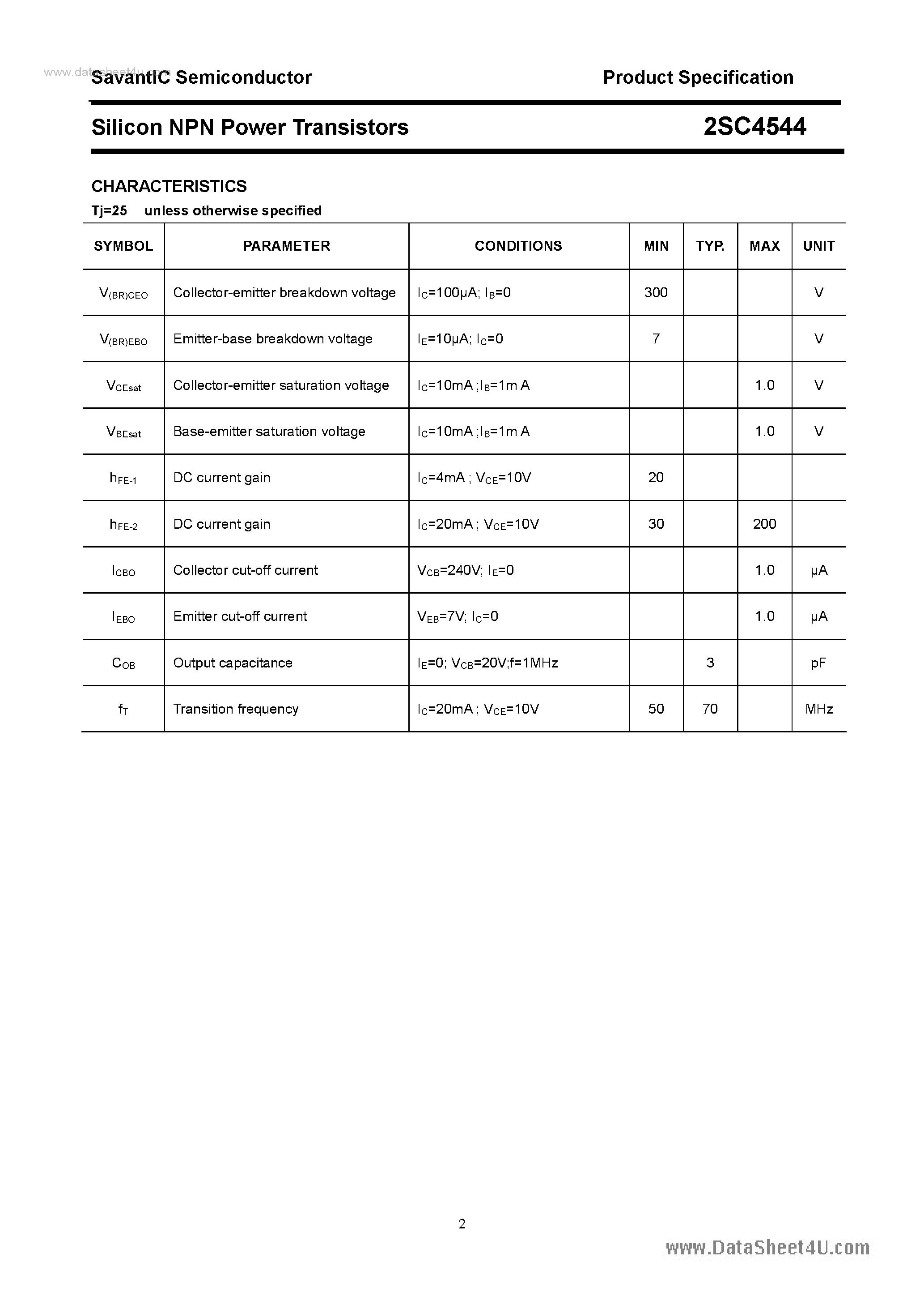 Datasheet 2SC4544 page 2 Datasheet 2SC4544 - SILICON POWER TRANSISTOR page 2