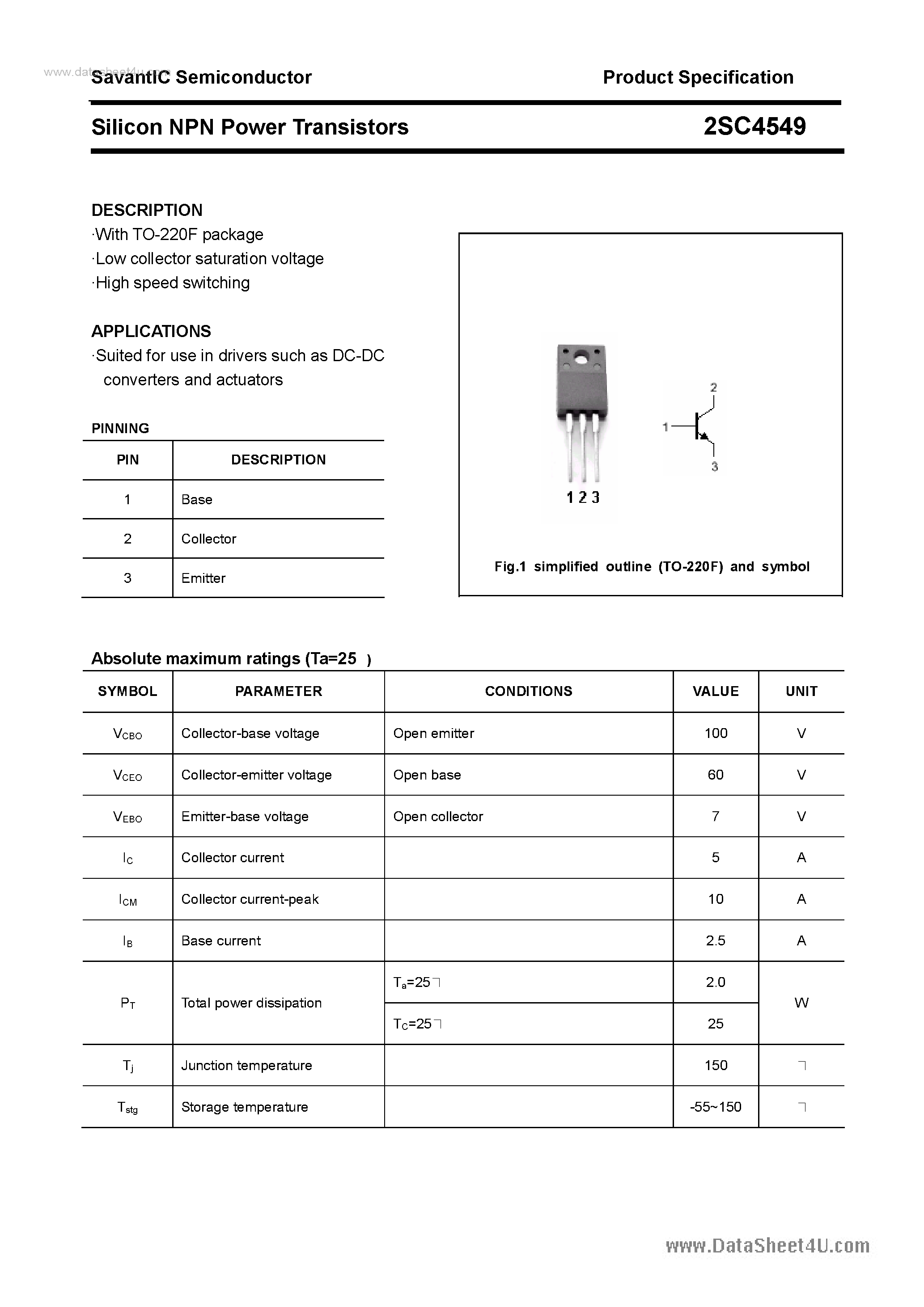 Datasheet 2SC4549 page 1 Datasheet 2SC4549 - SILICON POWER TRANSISTOR page 1