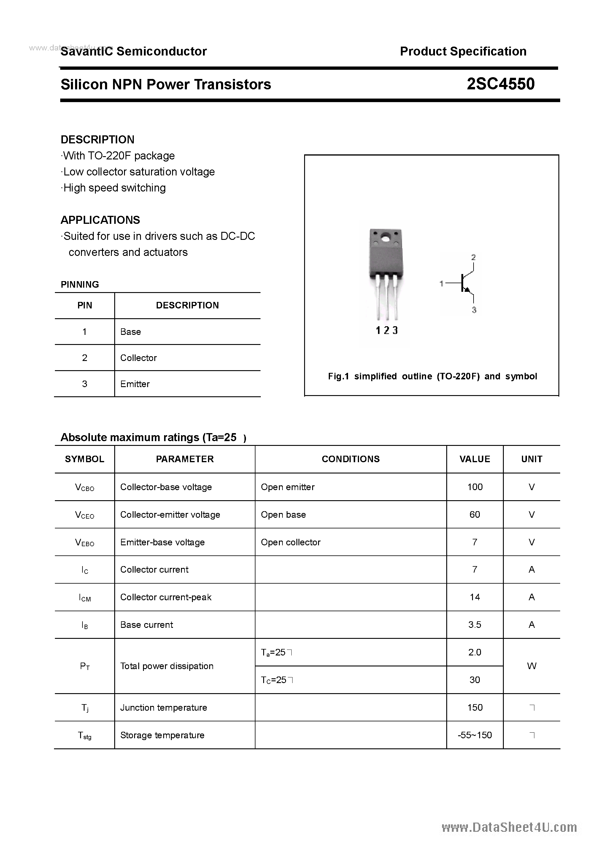 Datasheet 2SC4550 page 1 Datasheet 2SC4550 - SILICON POWER TRANSISTOR page 1