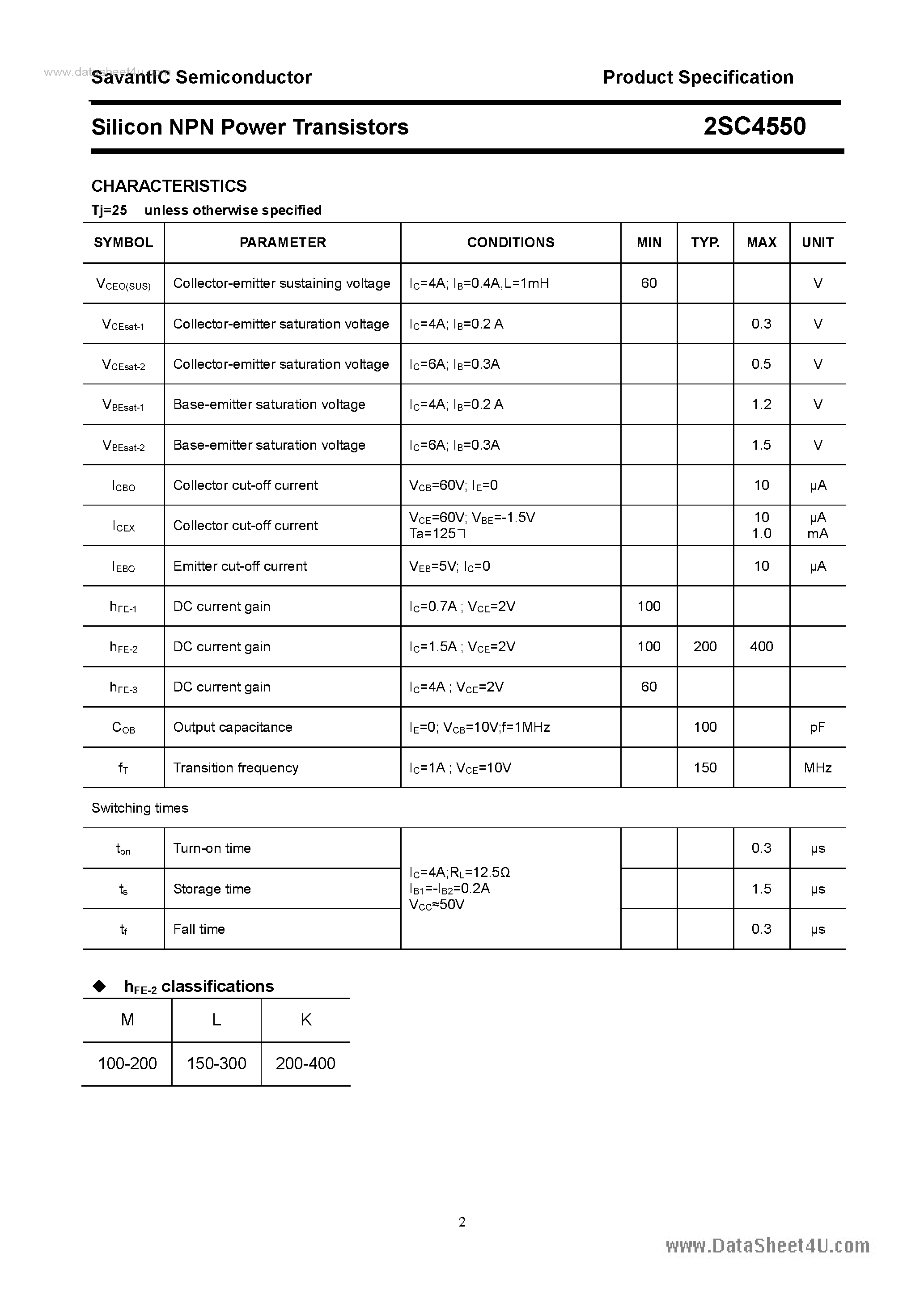 Datasheet 2SC4550 page 2 Datasheet 2SC4550 - SILICON POWER TRANSISTOR page 2