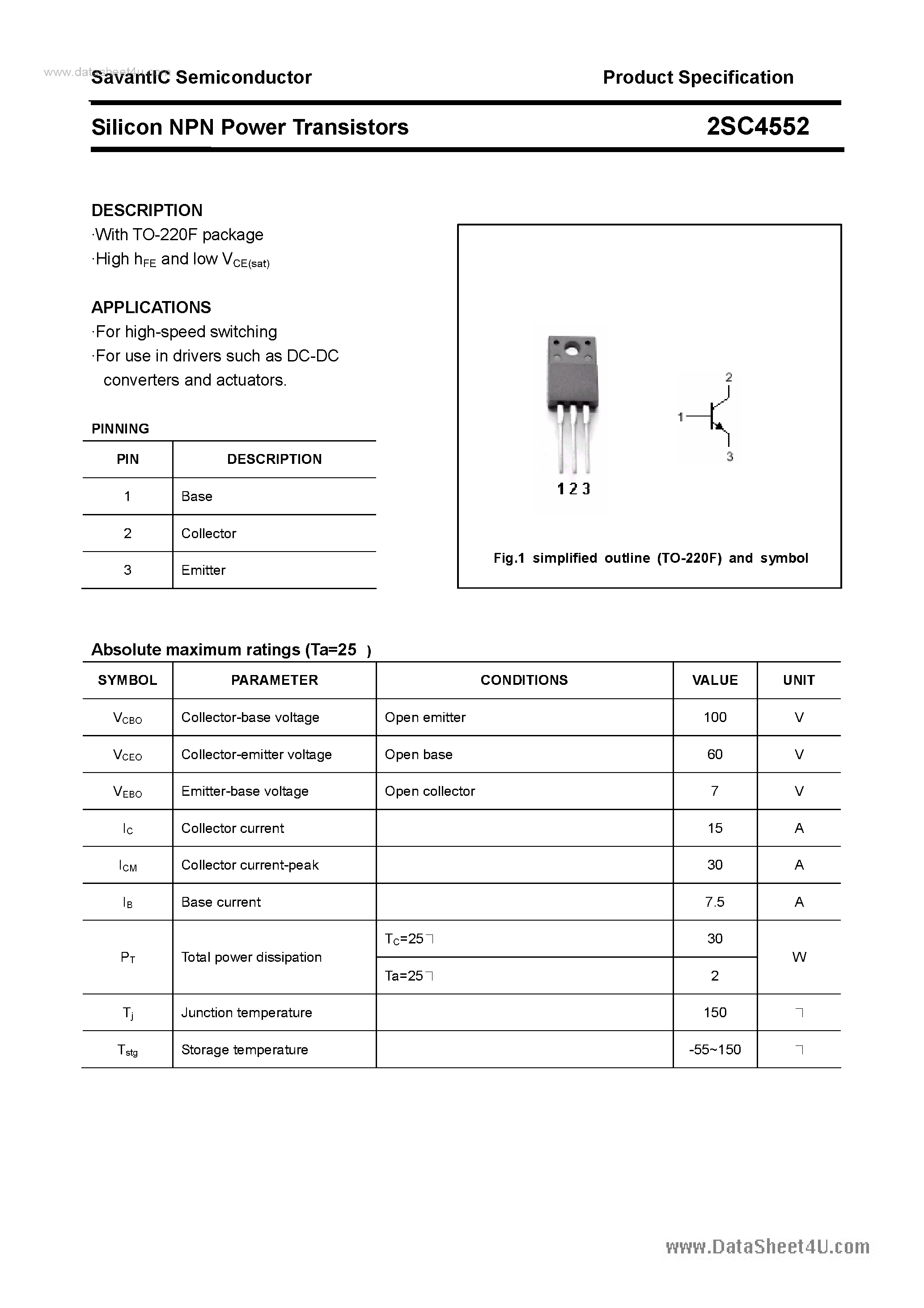 Datasheet 2SC4552 page 1 Datasheet 2SC4552 - SILICON POWER TRANSISTOR page 1