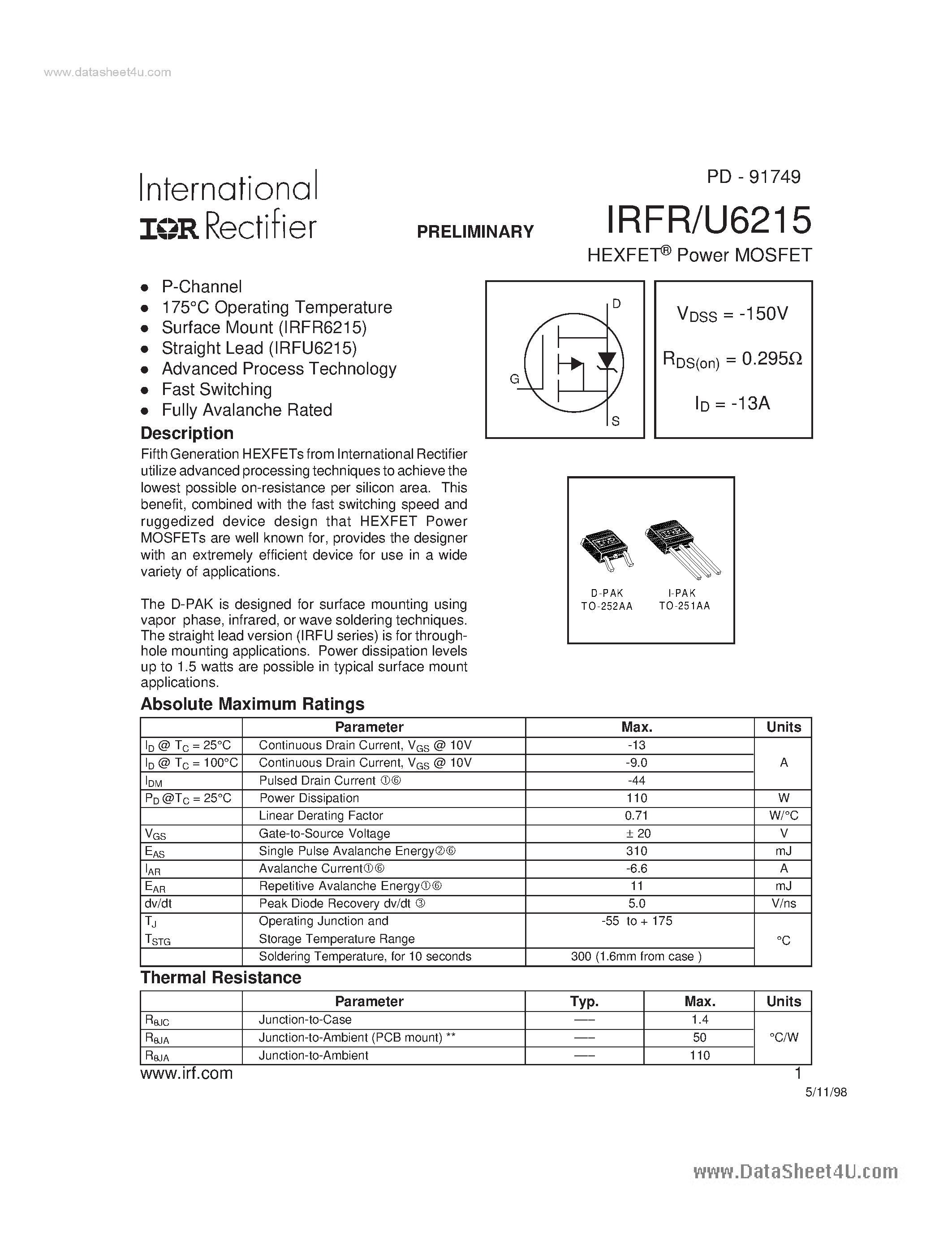 Datasheet IRFR6215 - Power MOSFET page 1