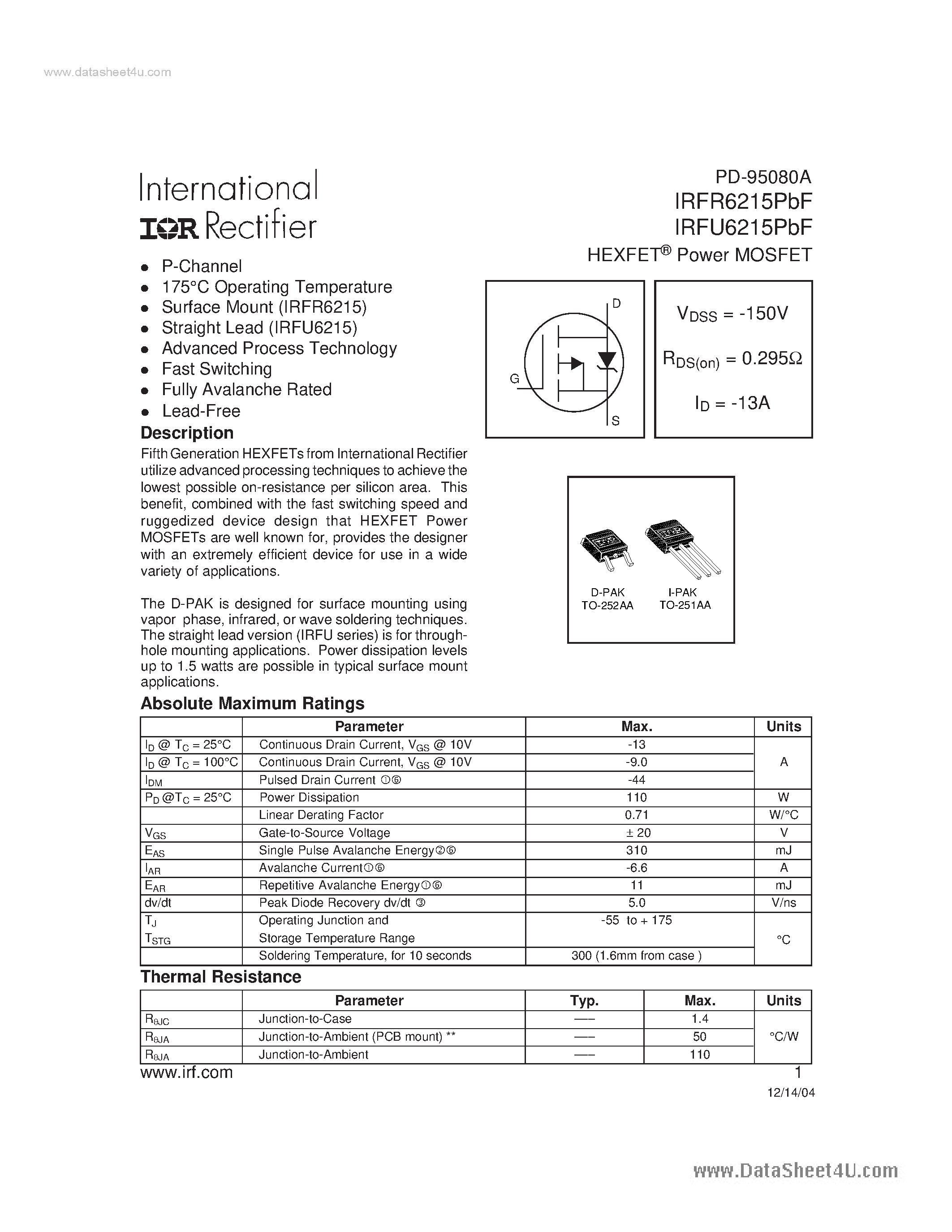 Datasheet IRFR6215PBF page 1 Datasheet IRFR6215PBF - Power MOSFET page 1