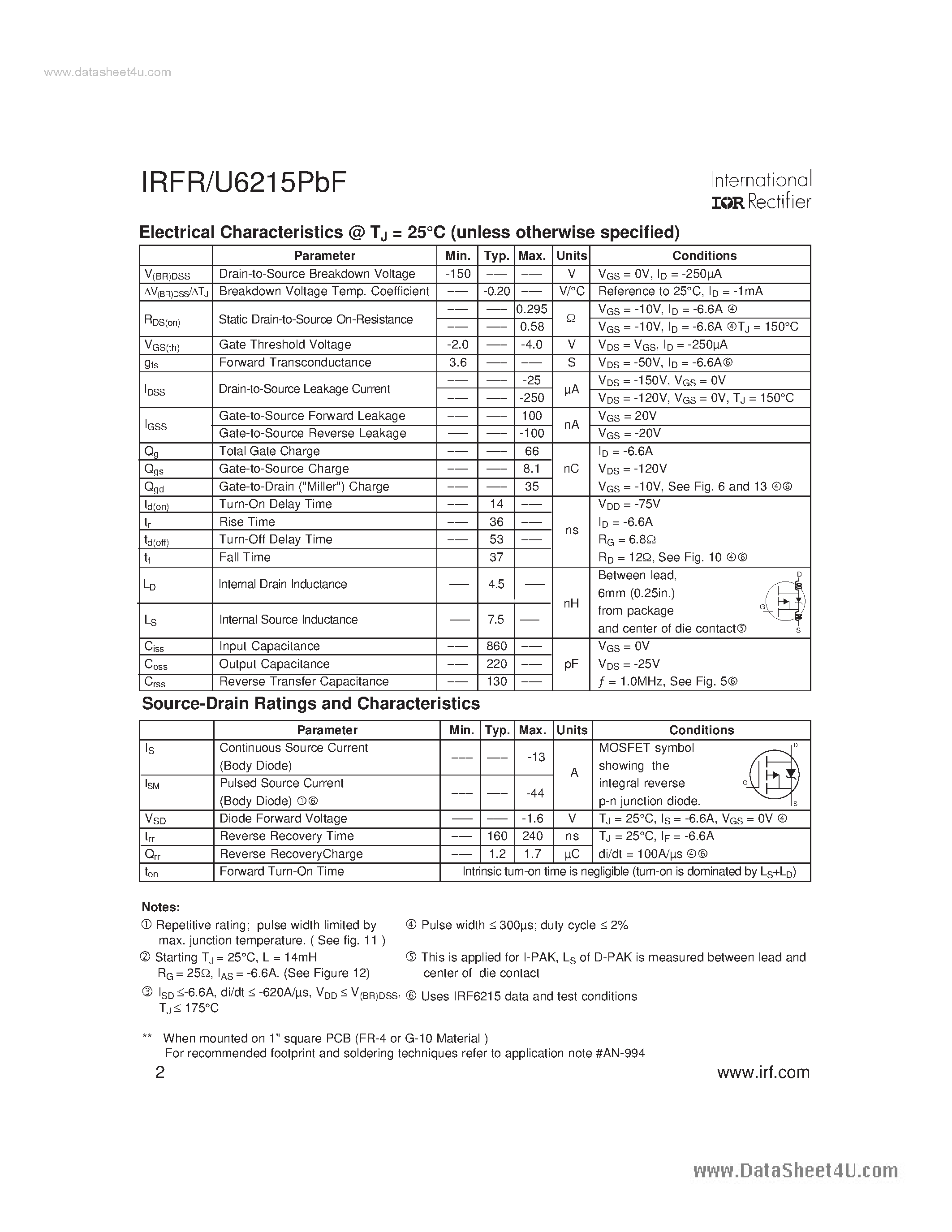 Datasheet IRFR6215PBF page 2 Datasheet IRFR6215PBF - Power MOSFET page 2