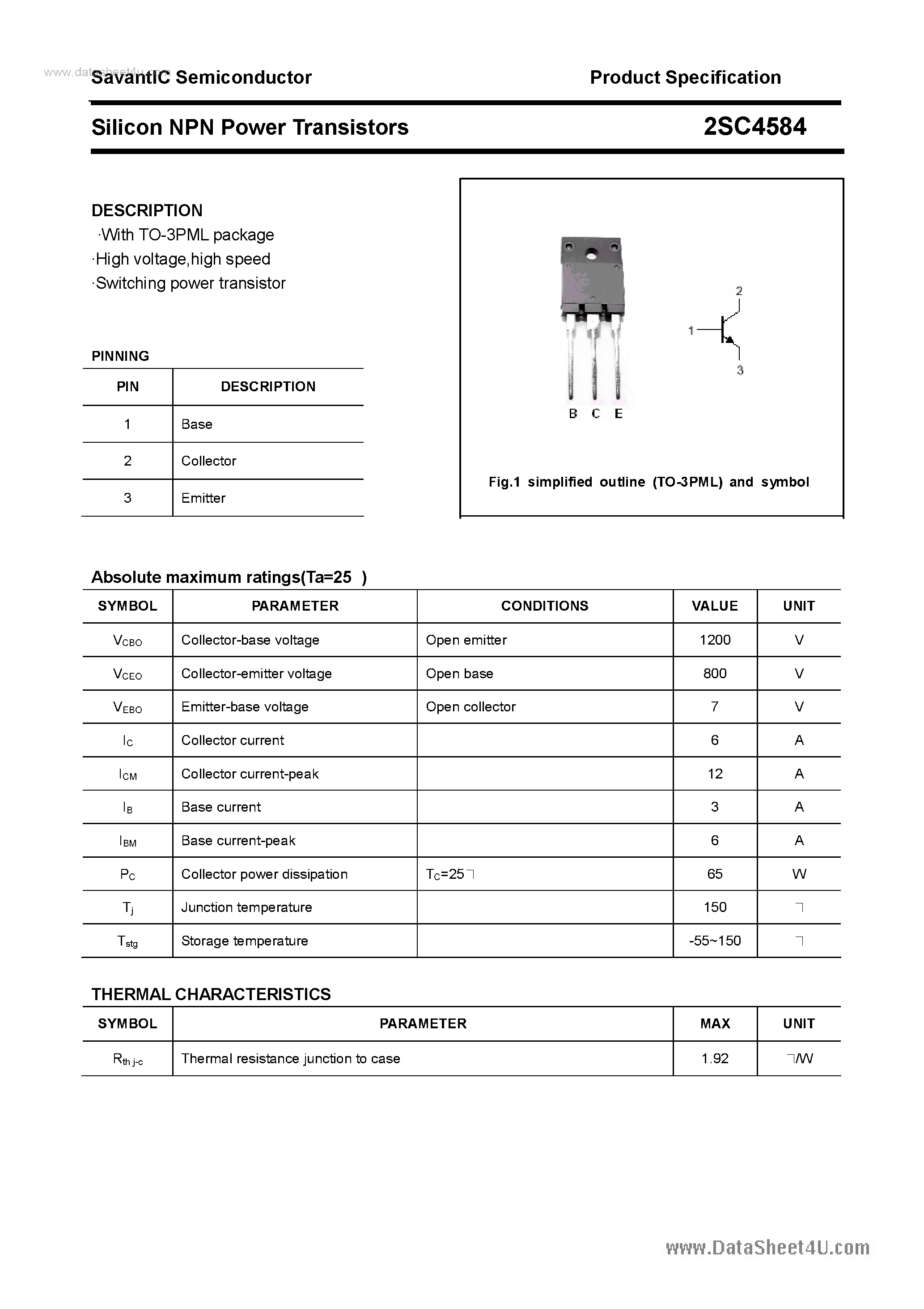 Datasheet 2SC4584 page 1 Datasheet 2SC4584 - SILICON POWER TRANSISTOR page 1