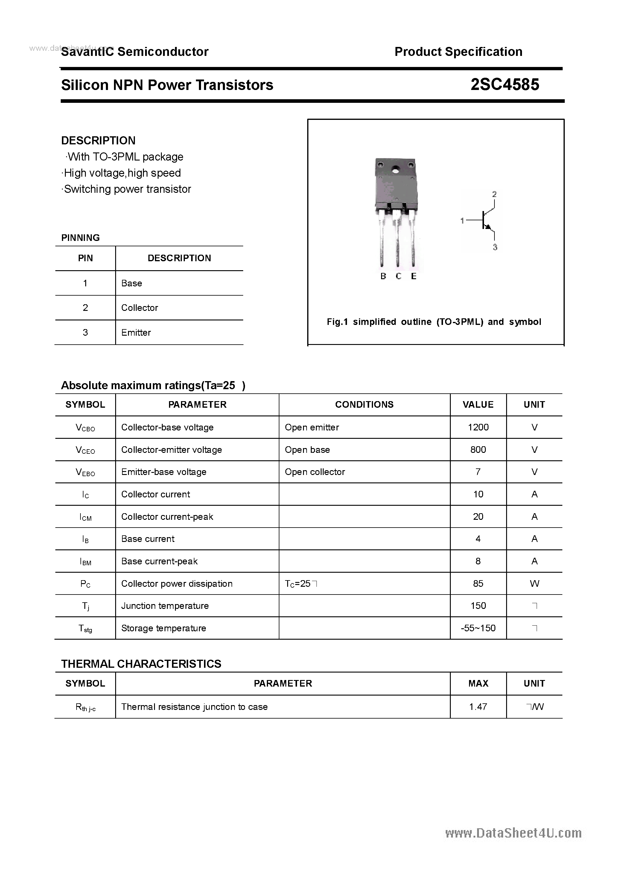 Datasheet 2SC4585 - SILICON POWER TRANSISTOR page 1