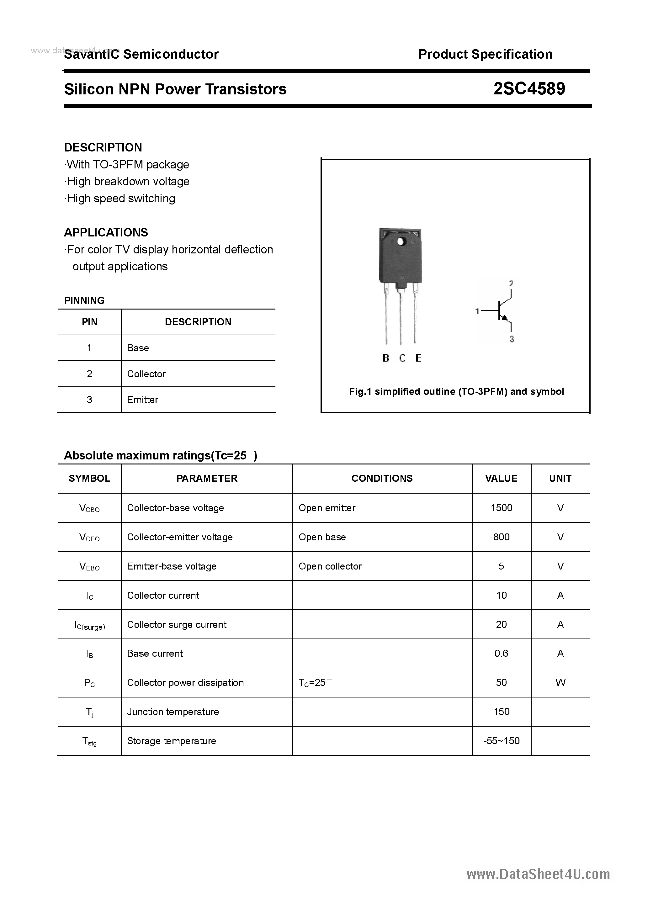 Datasheet 2SC4589 - SILICON POWER TRANSISTOR page 1