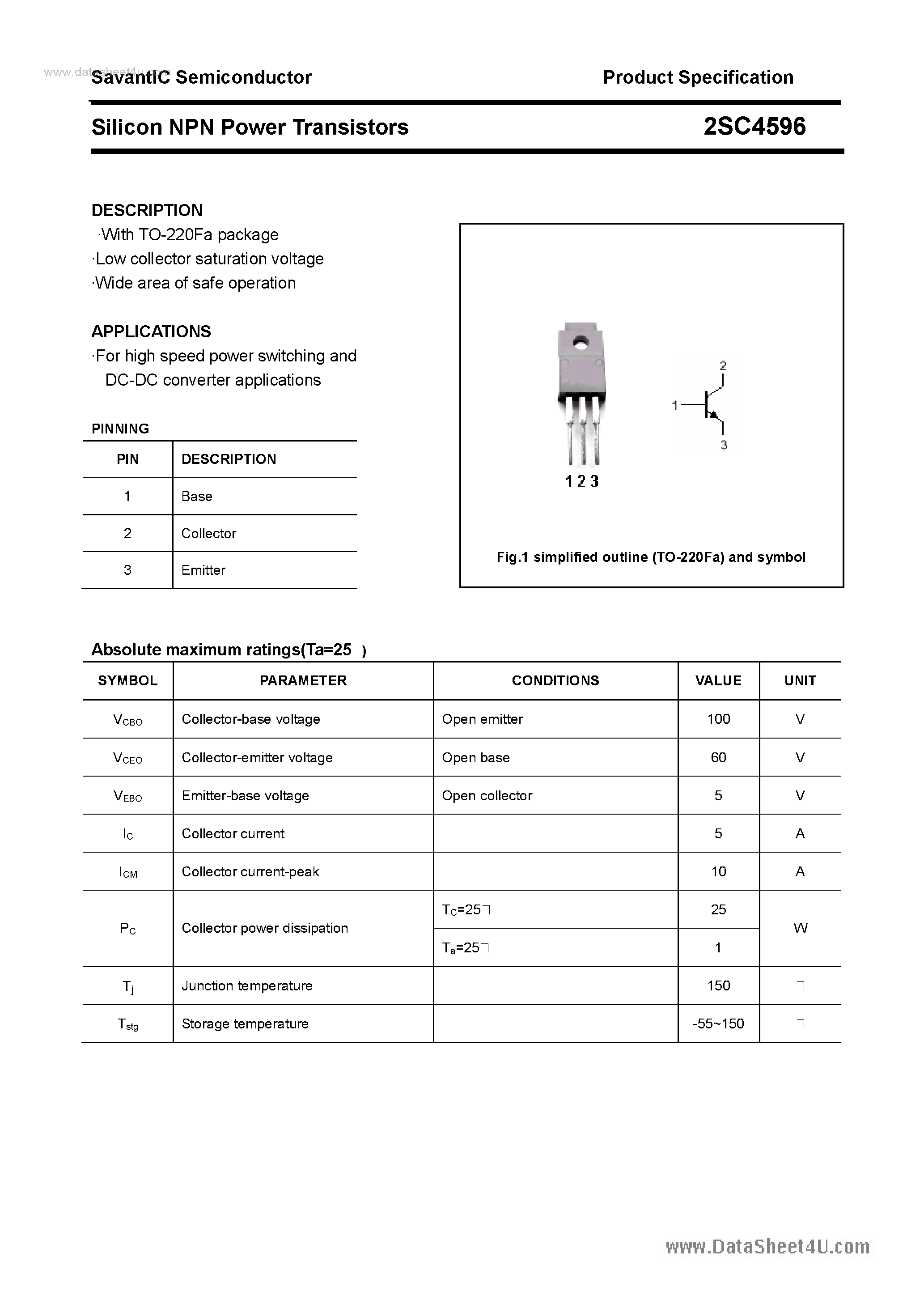Datasheet 2SC4596 page 1 Datasheet 2SC4596 - SILICON POWER TRANSISTOR page 1