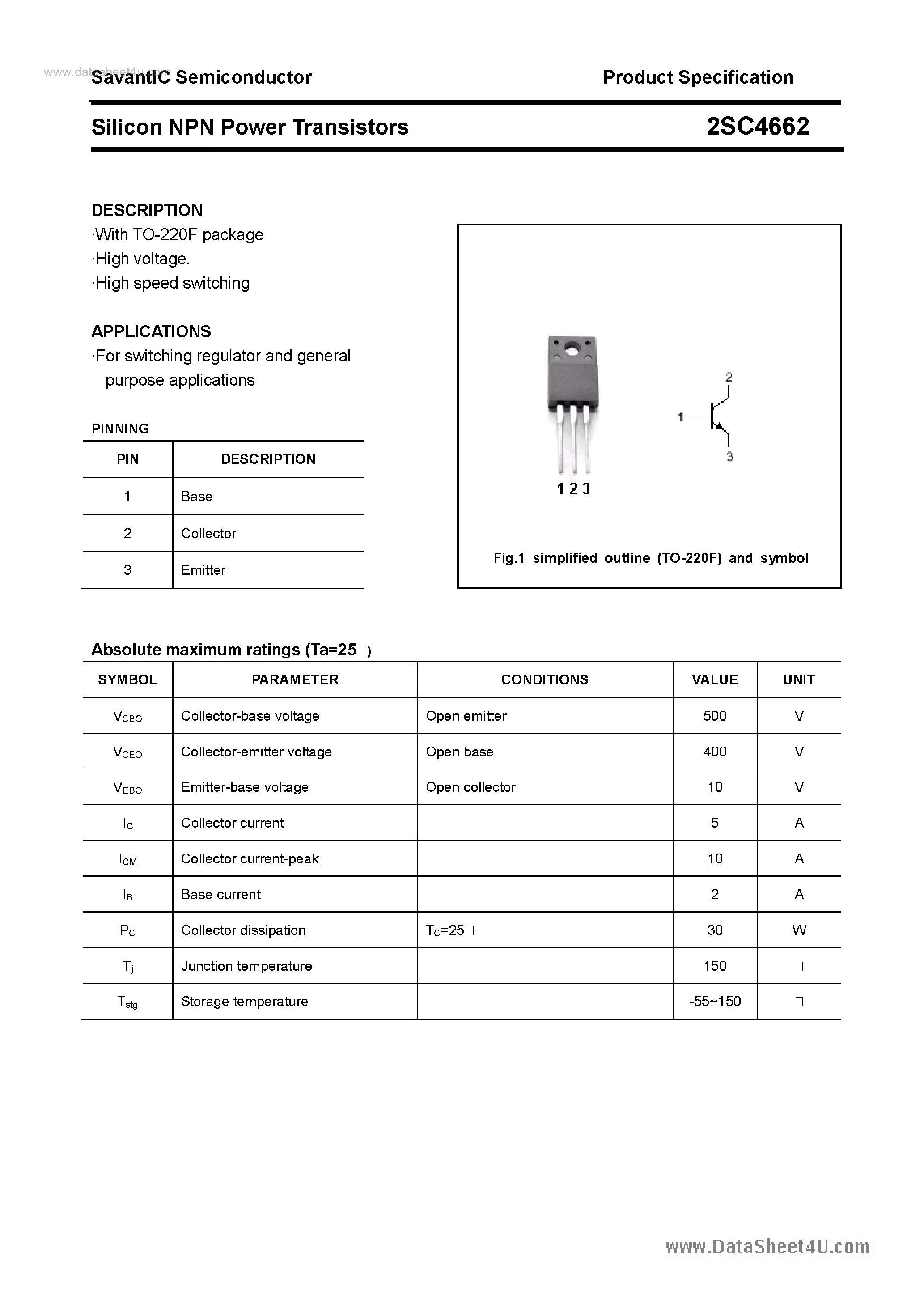 Datasheet 2SC4662 - SILICON POWER TRANSISTOR page 1