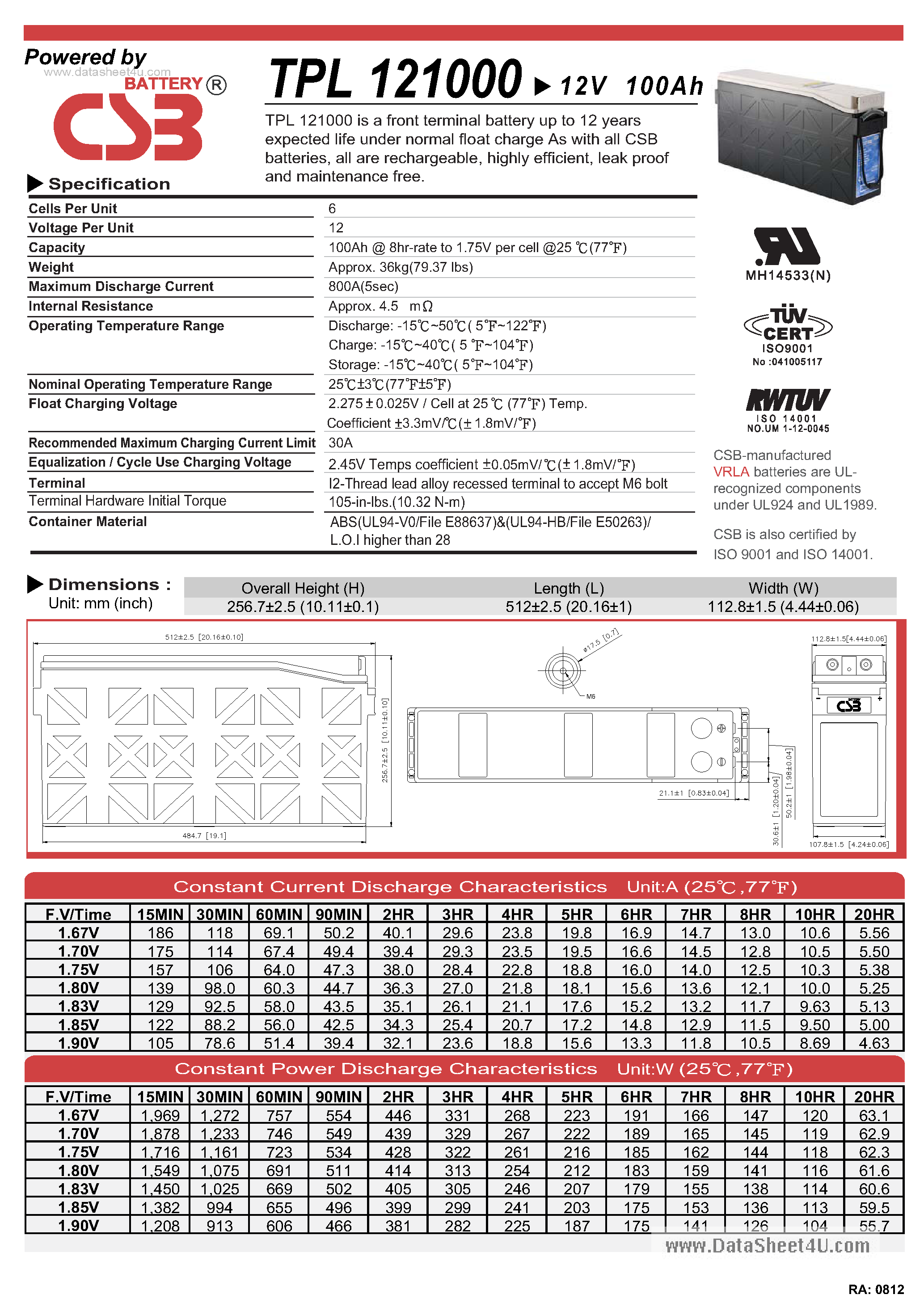Datasheet TPL121000 - battery page 1