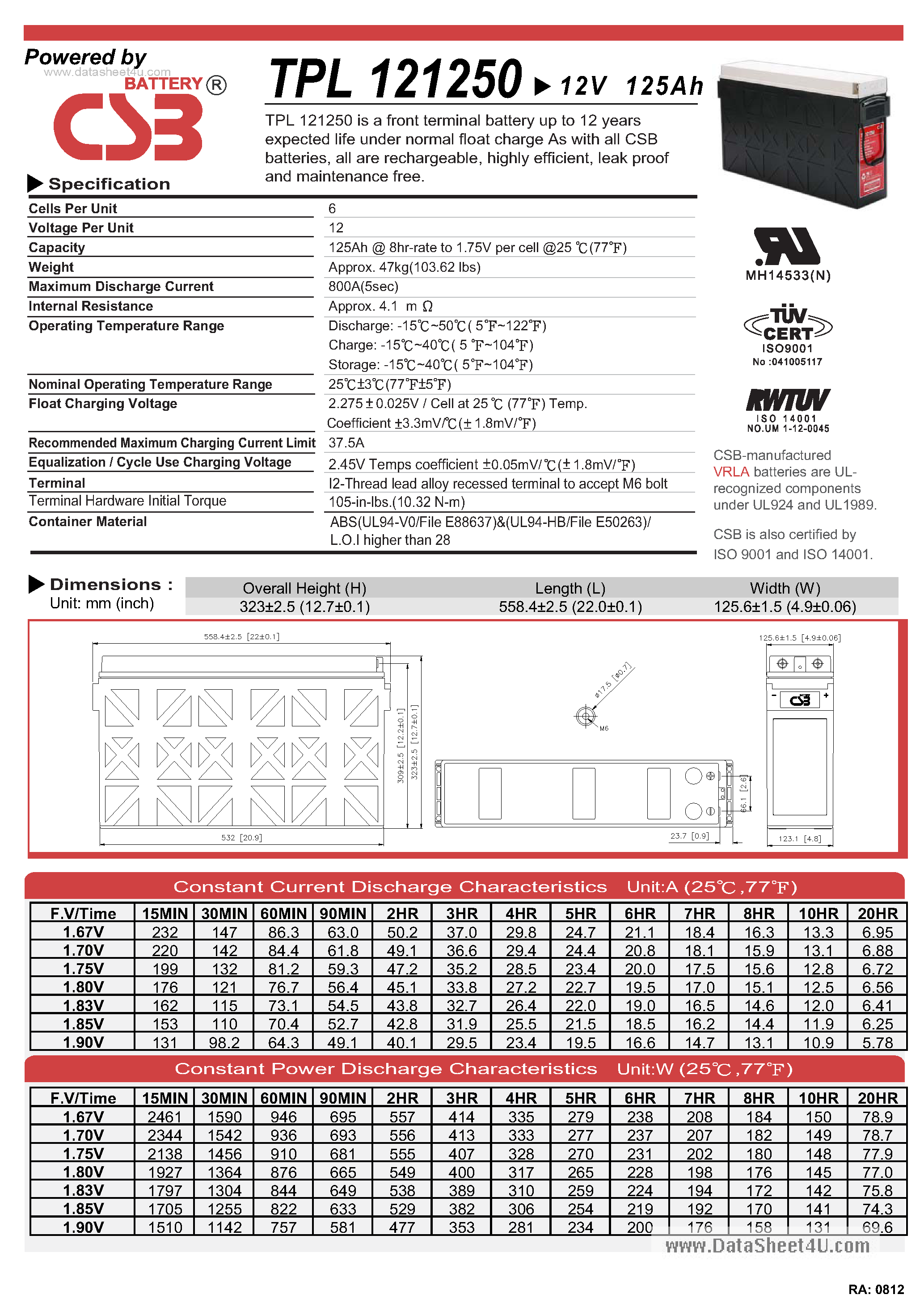 Datasheet TPL121250 - battery page 1