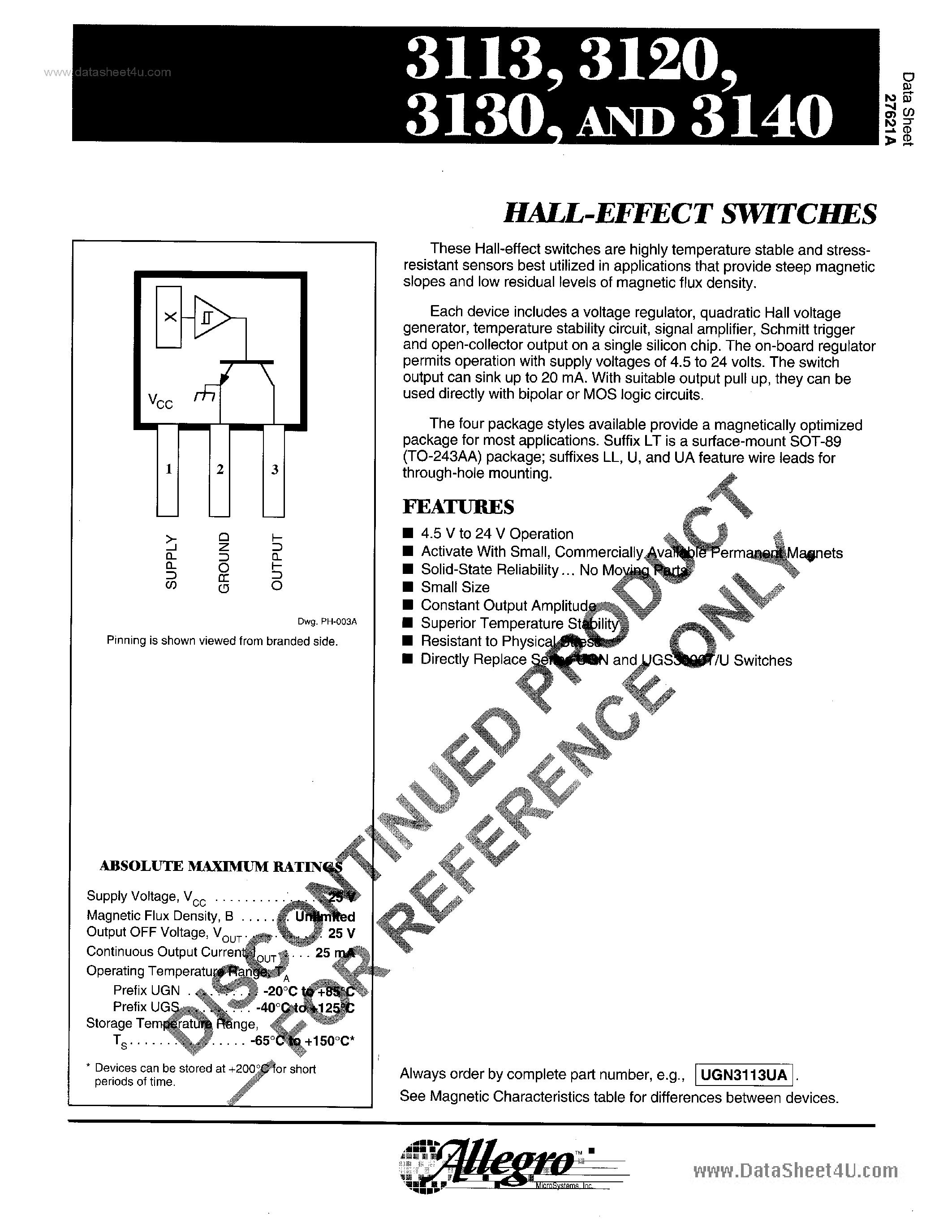 Даташит на микросхему UGS3113 страница 1 Даташит UGS3113 - (UGS31xx) HALL-EFFECT SWITCHES страница 1