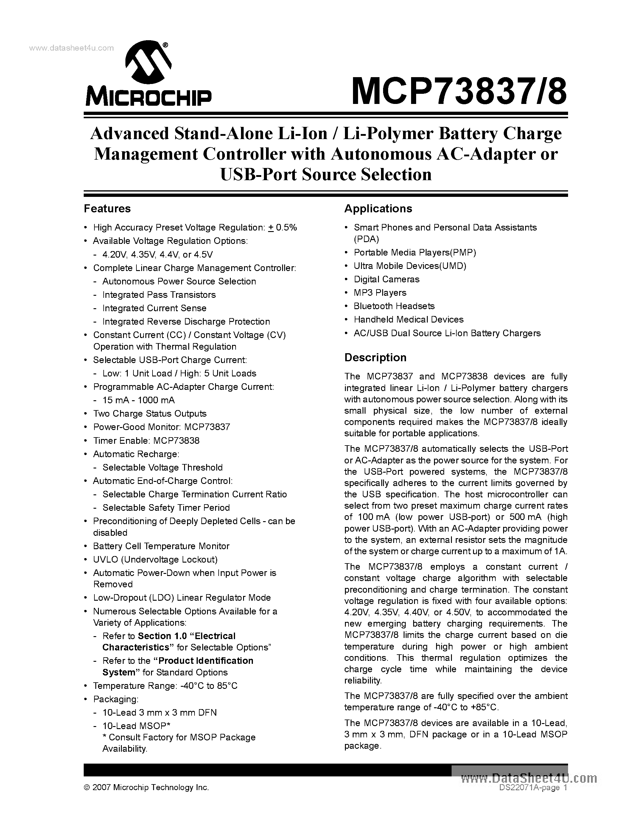 Datasheet MCP73837 page 1 Datasheet MCP73837 - (MCP73837 / MCP73838) Advanced Stand-Alone Li-Ion / Li-Polymer Battery Charge Management Controller page 1