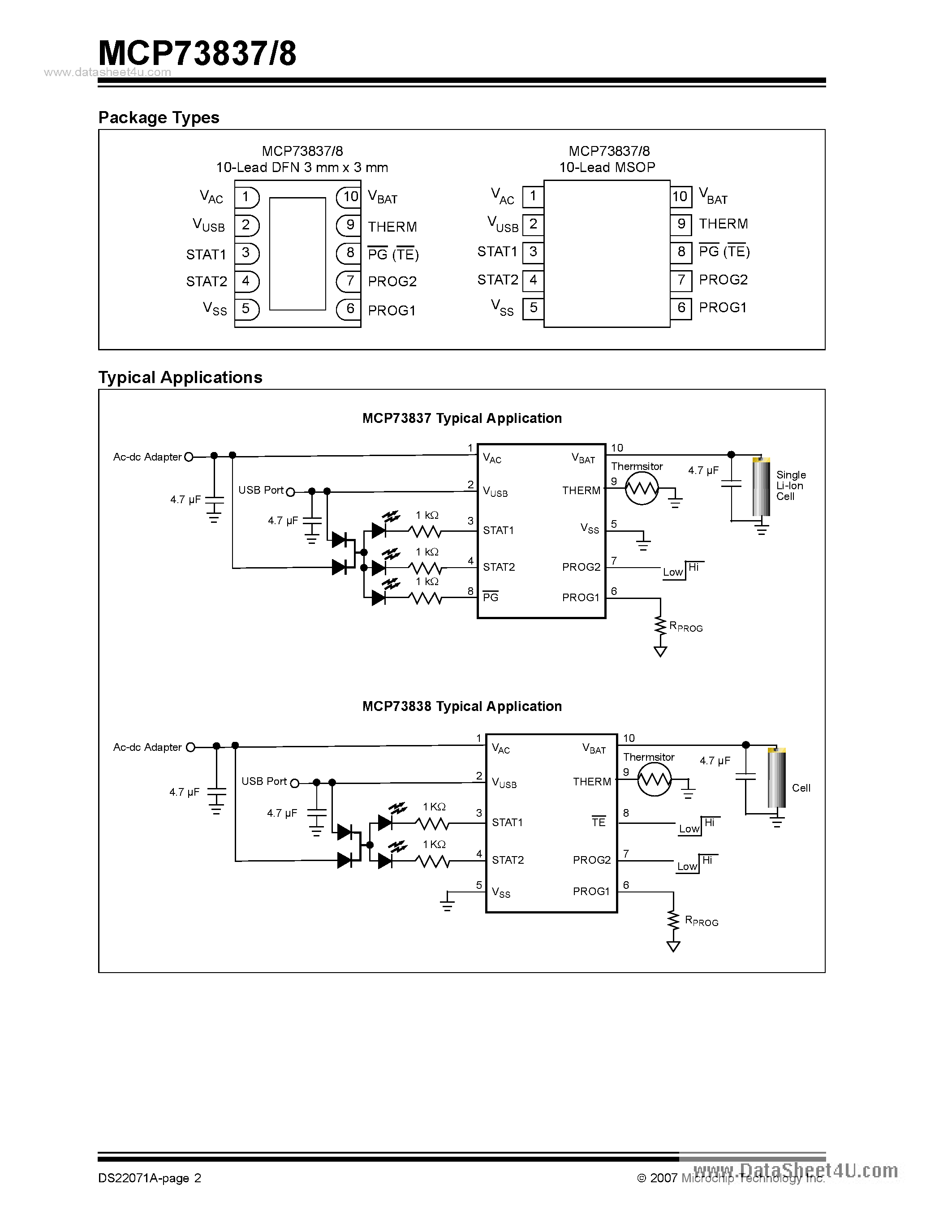 Datasheet MCP73837 page 2 Datasheet MCP73837 - (MCP73837 / MCP73838) Advanced Stand-Alone Li-Ion / Li-Polymer Battery Charge Management Controller page 2