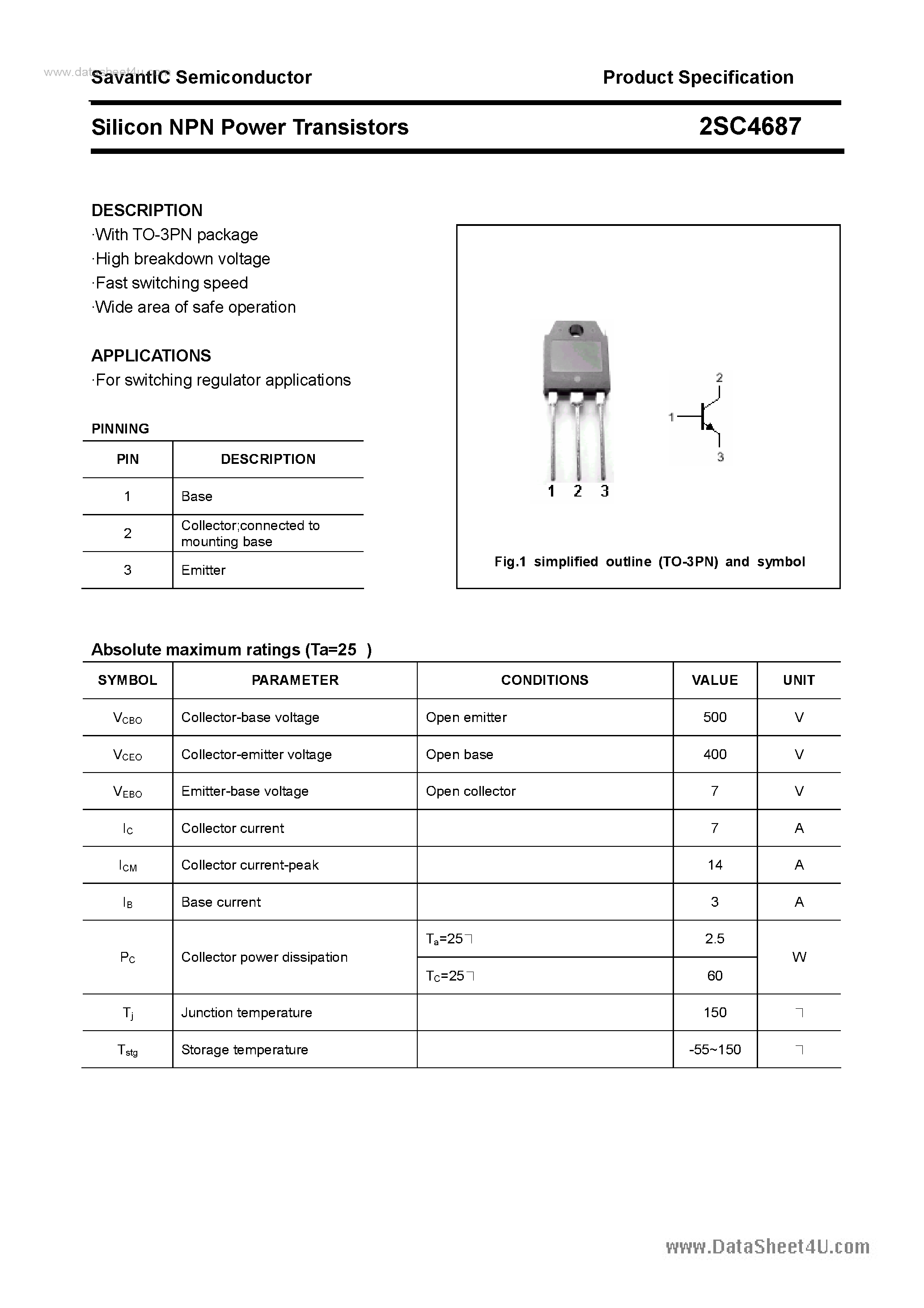 Datasheet 2SC4687 - SILICON POWER TRANSISTOR page 1