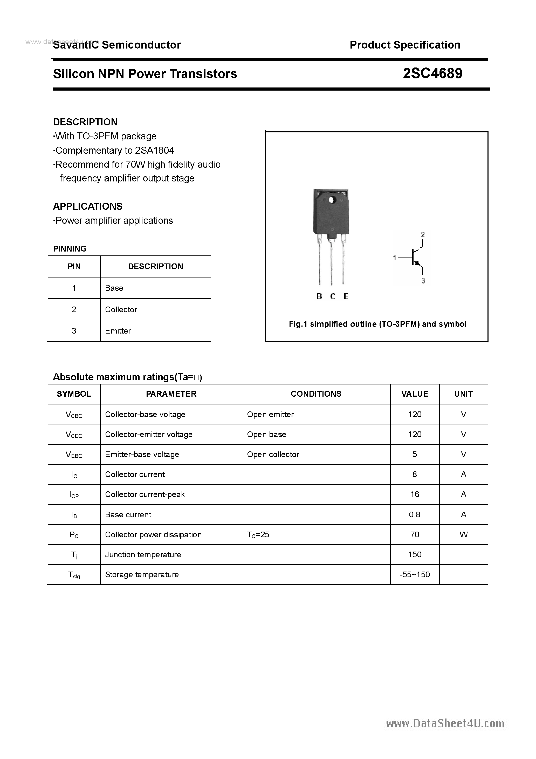 Datasheet 2SC4689 - SILICON POWER TRANSISTOR page 1