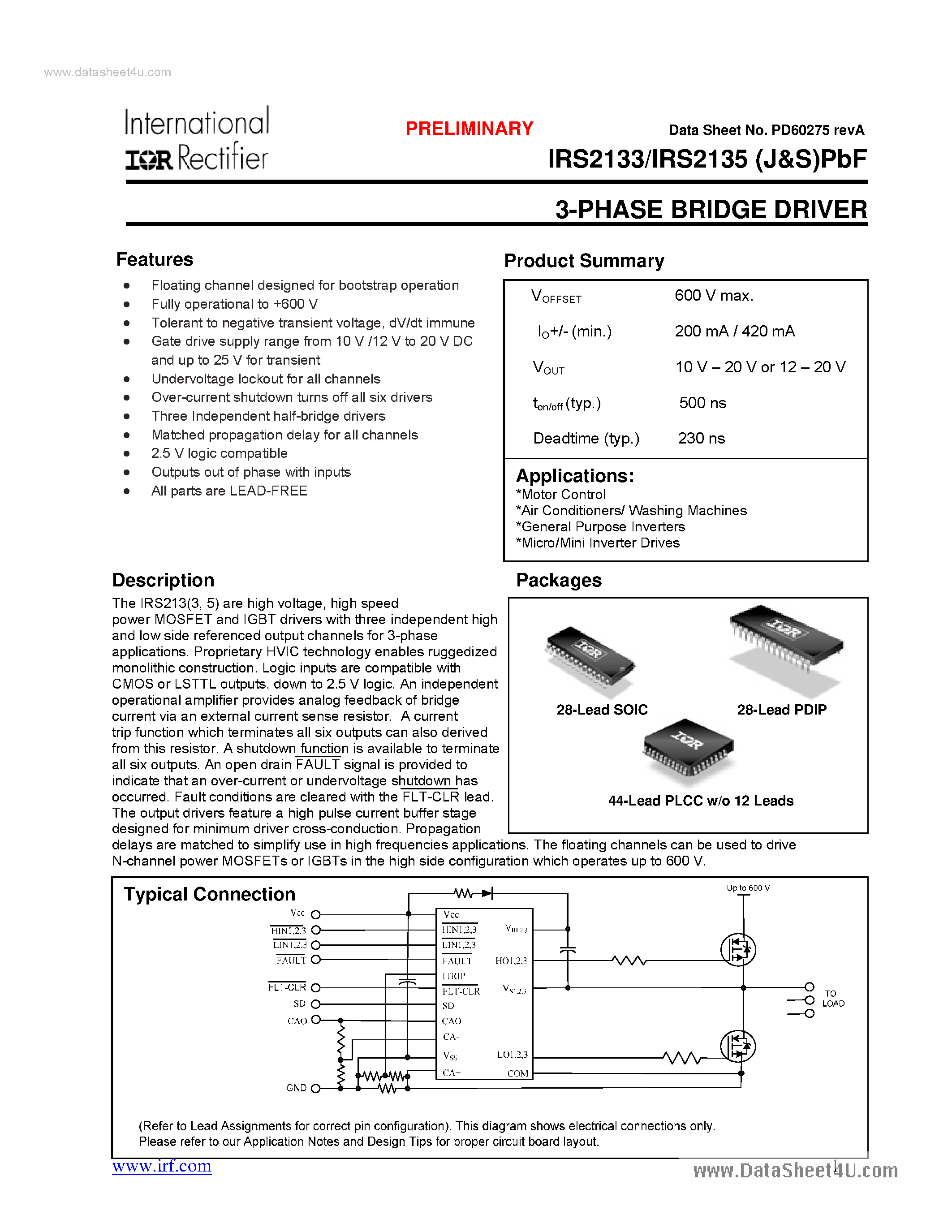 Datasheet IRS2135 - (IRS2133 / IRS2135) 3-PHASE BRIDGE DRIVER page 1