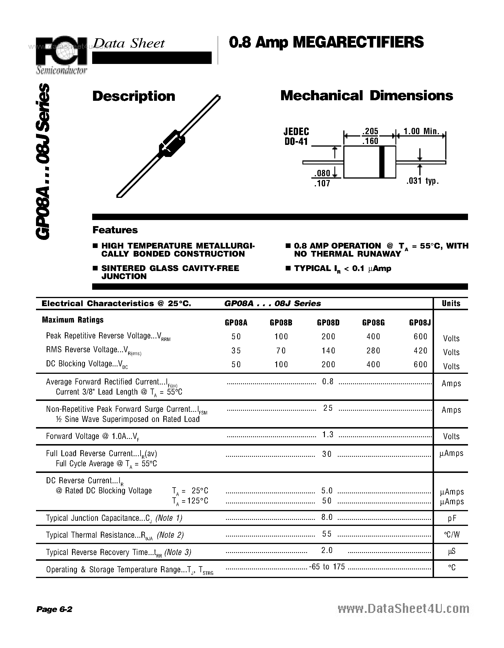 Datasheet GP08A page 1 Datasheet GP08A - 0.8 Amp MEGARECTIFIERS page 1