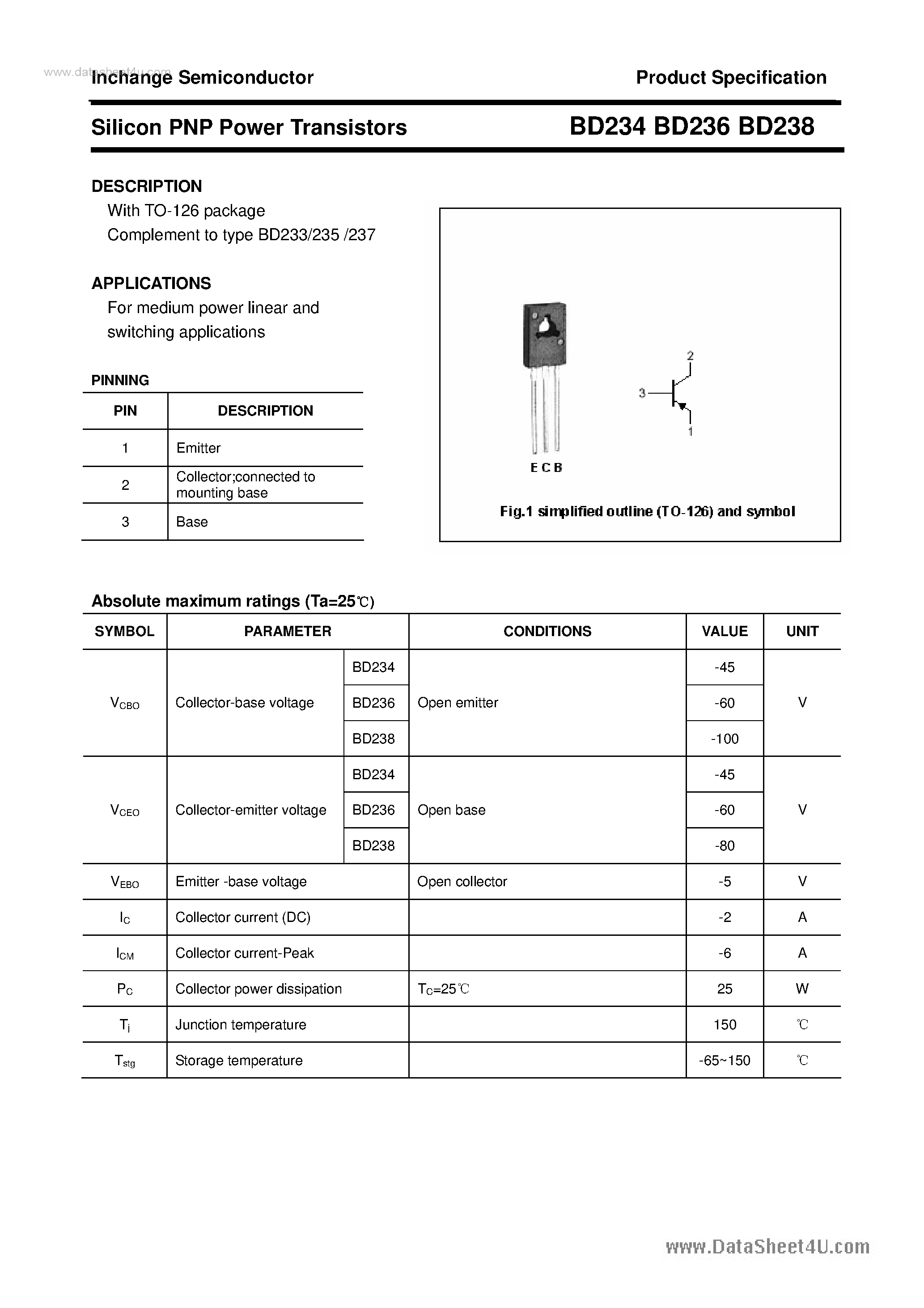 Даташит BD234 - (BD234 - BD238) Silicon PNP Power Transistors страница 1