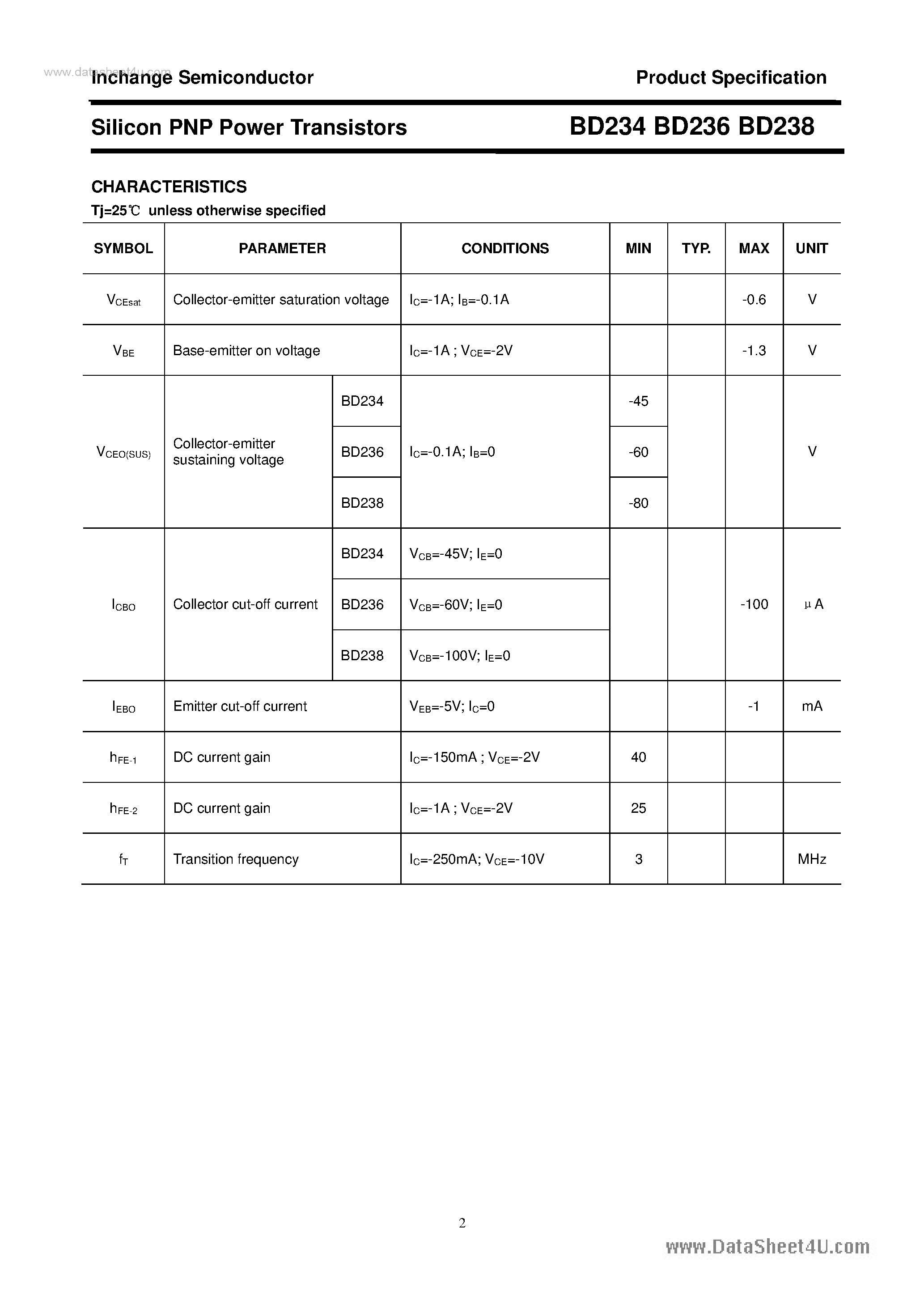 Даташит BD234 - (BD234 - BD238) Silicon PNP Power Transistors страница 2