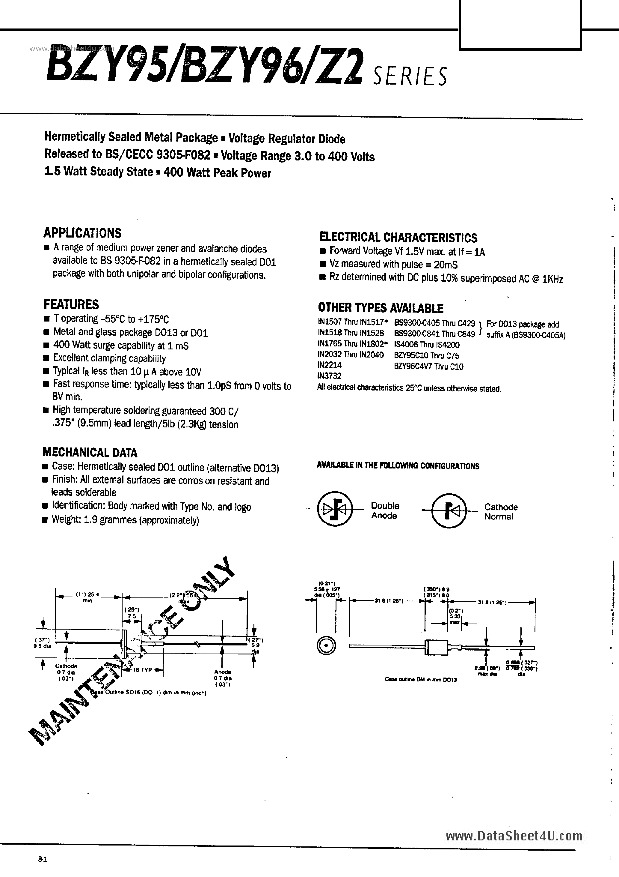 Даташит на микросхему BZY95 страница 1 Даташит BZY95 - (BZY95 / BZY96) Medium Power Zener and Avalanche Diodes страница 1