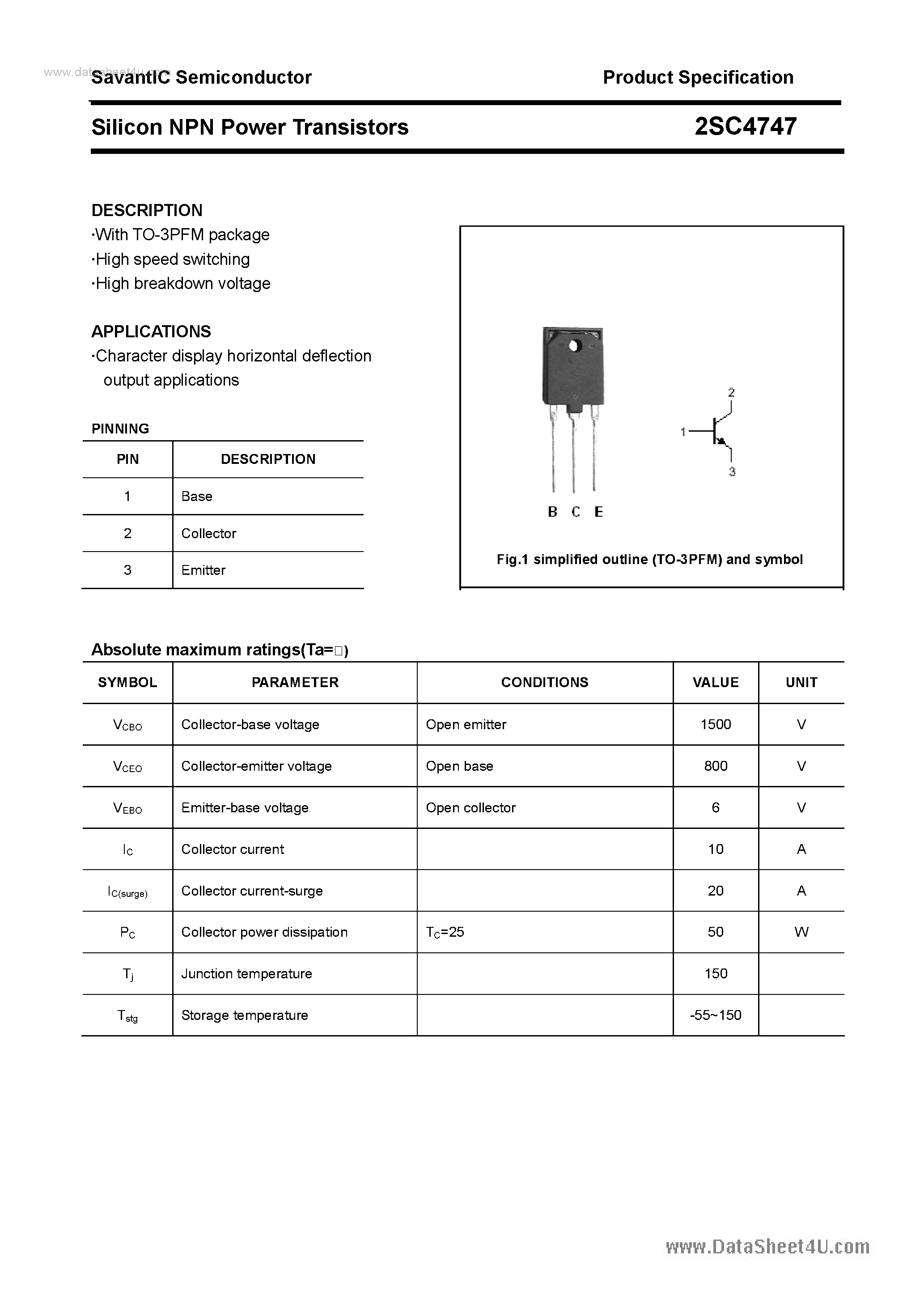 Datasheet 2SC4747 - SILICON POWER TRANSISTOR page 1