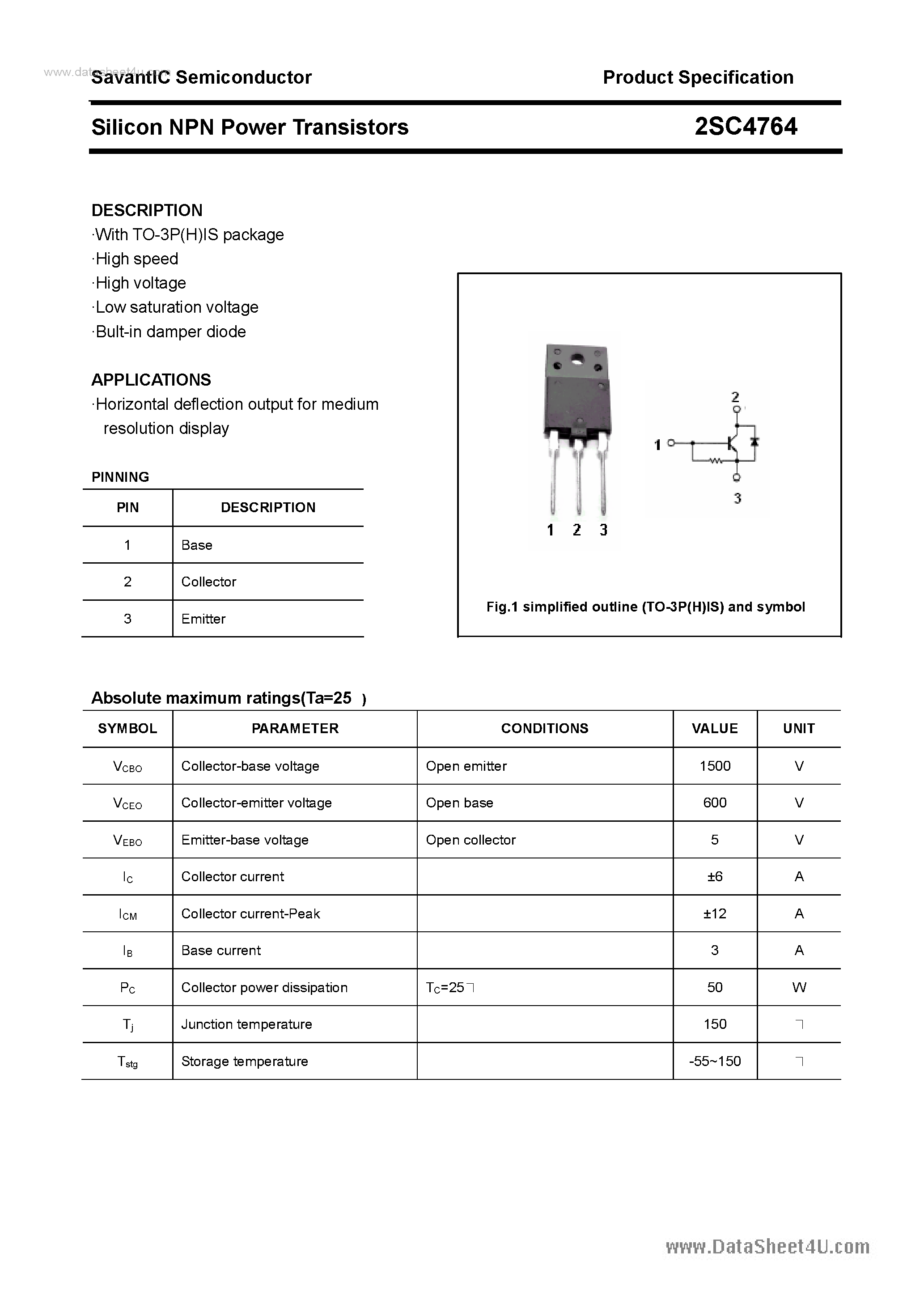 Datasheet 2SC4764 page 1 Datasheet 2SC4764 - SILICON POWER TRANSISTOR page 1