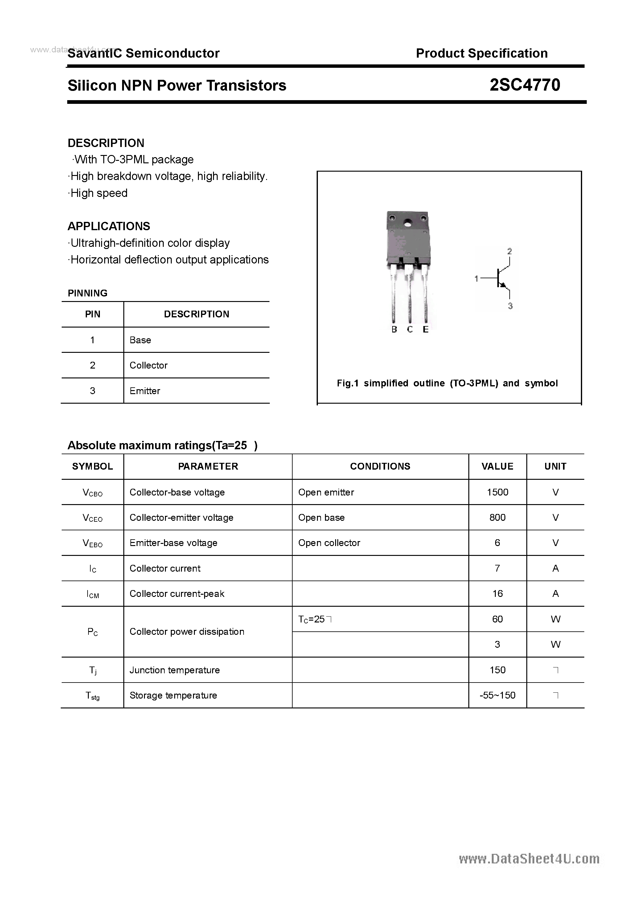 Datasheet 2SC4770 page 1 Datasheet 2SC4770 - SILICON POWER TRANSISTOR page 1