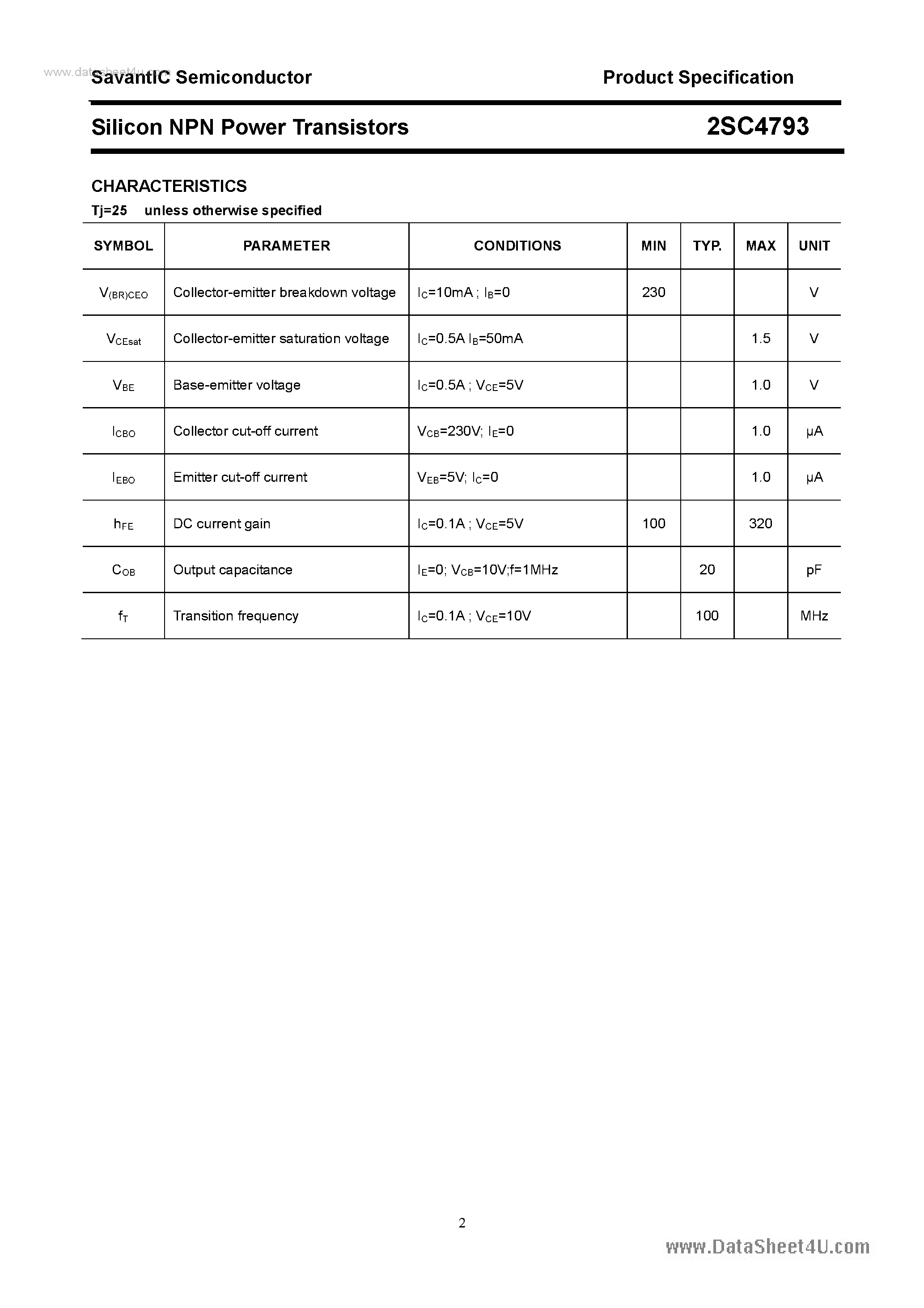 Datasheet 2SC4793 page 2 Datasheet 2SC4793 - SILICON POWER TRANSISTOR page 2