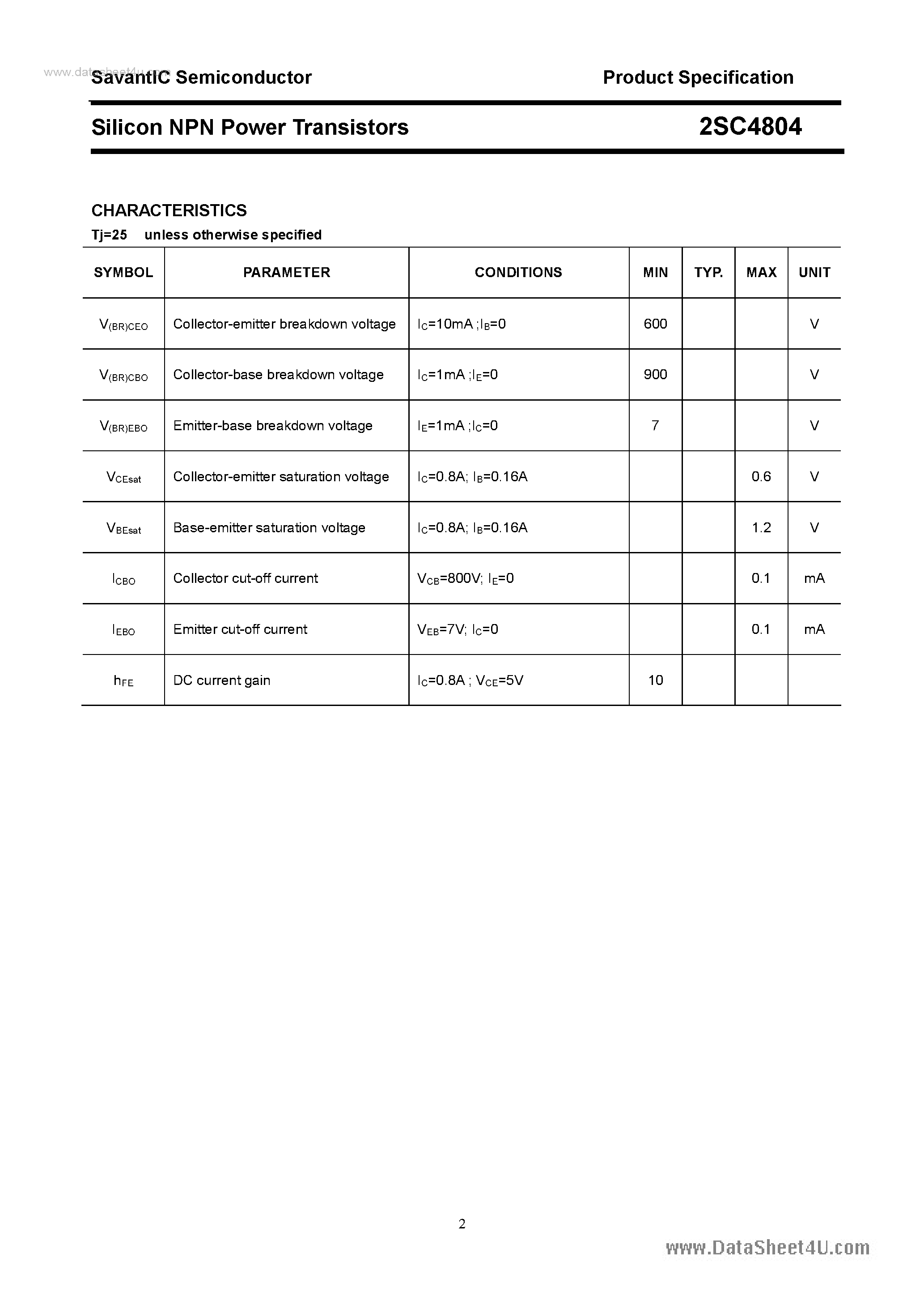 Datasheet 2SC4804 page 2 Datasheet 2SC4804 - SILICON POWER TRANSISTOR page 2