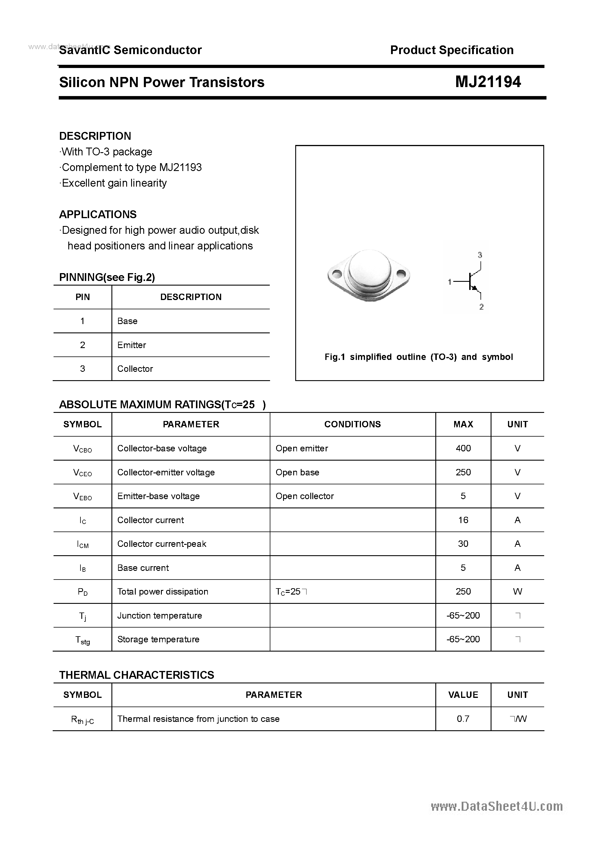 Даташит на микросхему MJ21194 страница 1 Даташит MJ21194 - Silicon NPN Power Transistors страница 1