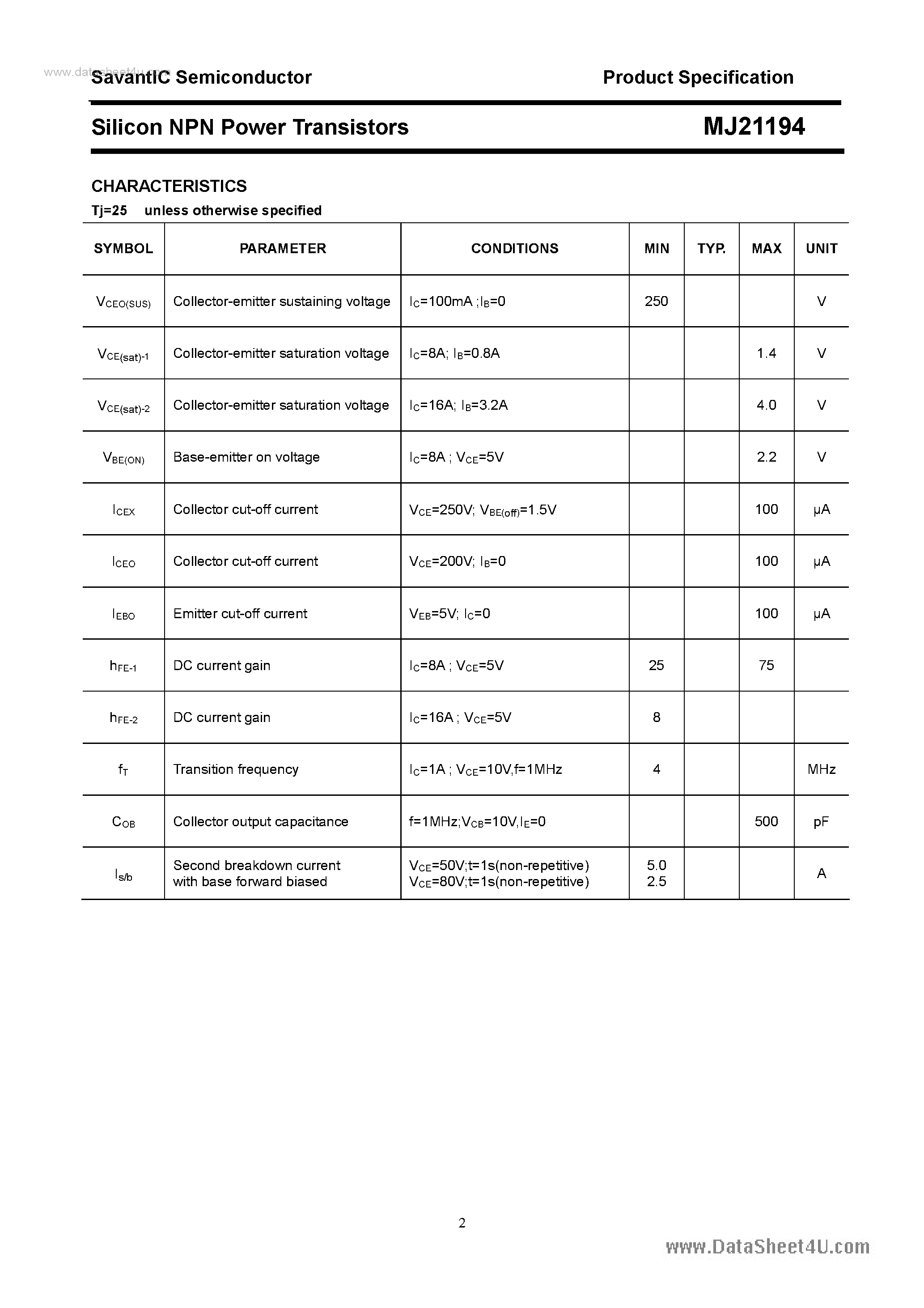 Даташит на микросхему MJ21194 страница 2 Даташит MJ21194 - Silicon NPN Power Transistors страница 2