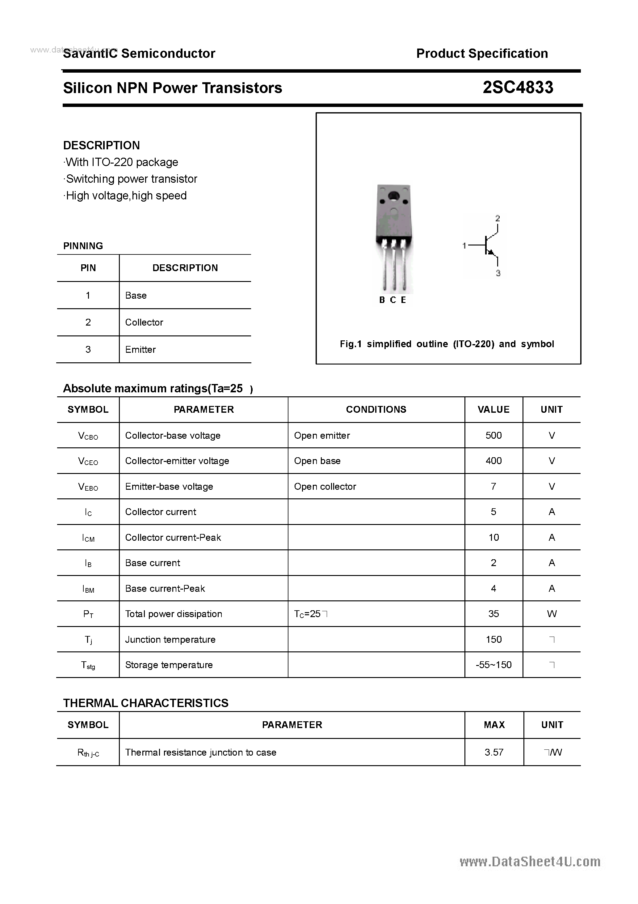 Datasheet 2SC4833 page 1 Datasheet 2SC4833 - SILICON POWER TRANSISTOR page 1