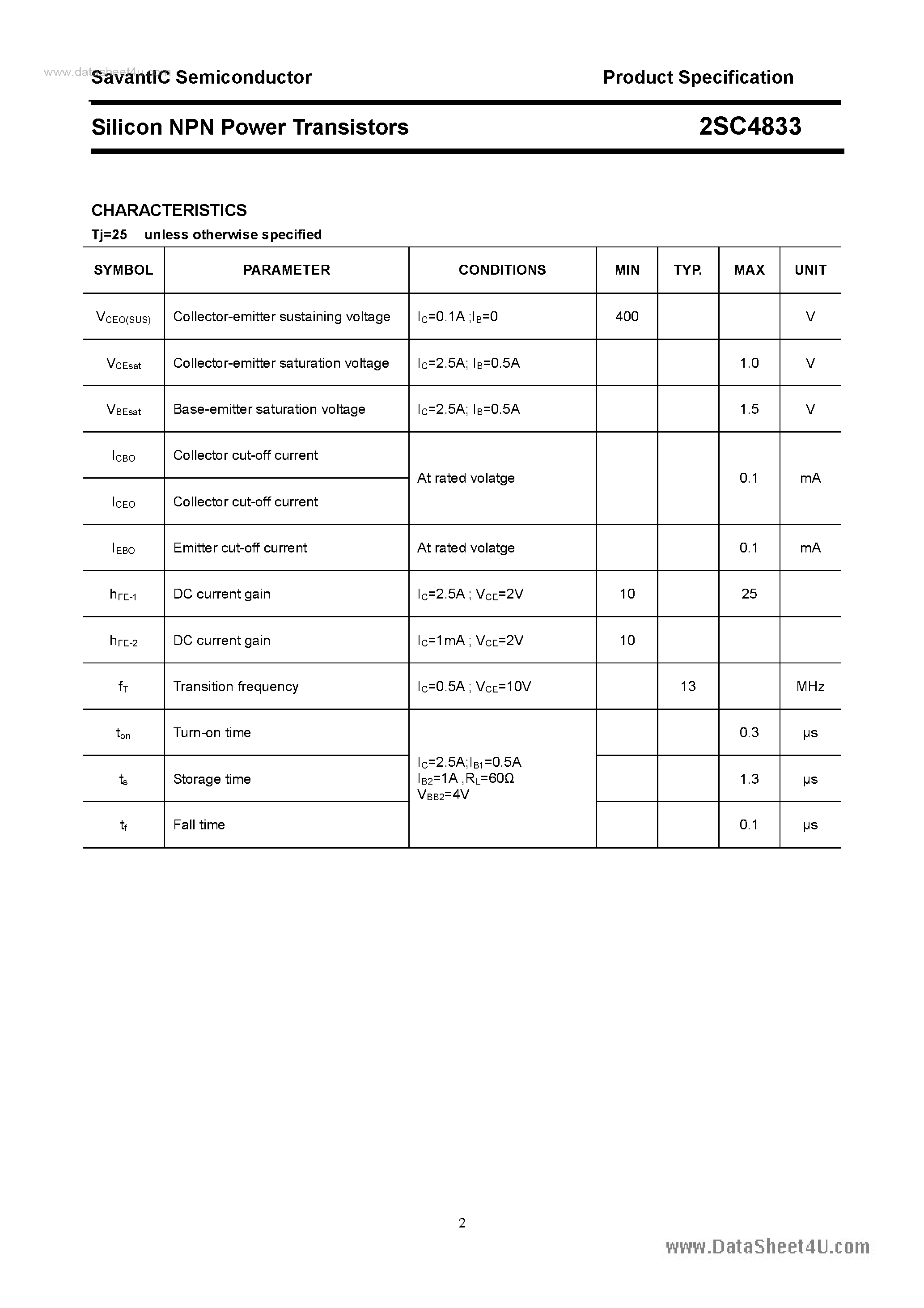 Datasheet 2SC4833 page 2 Datasheet 2SC4833 - SILICON POWER TRANSISTOR page 2